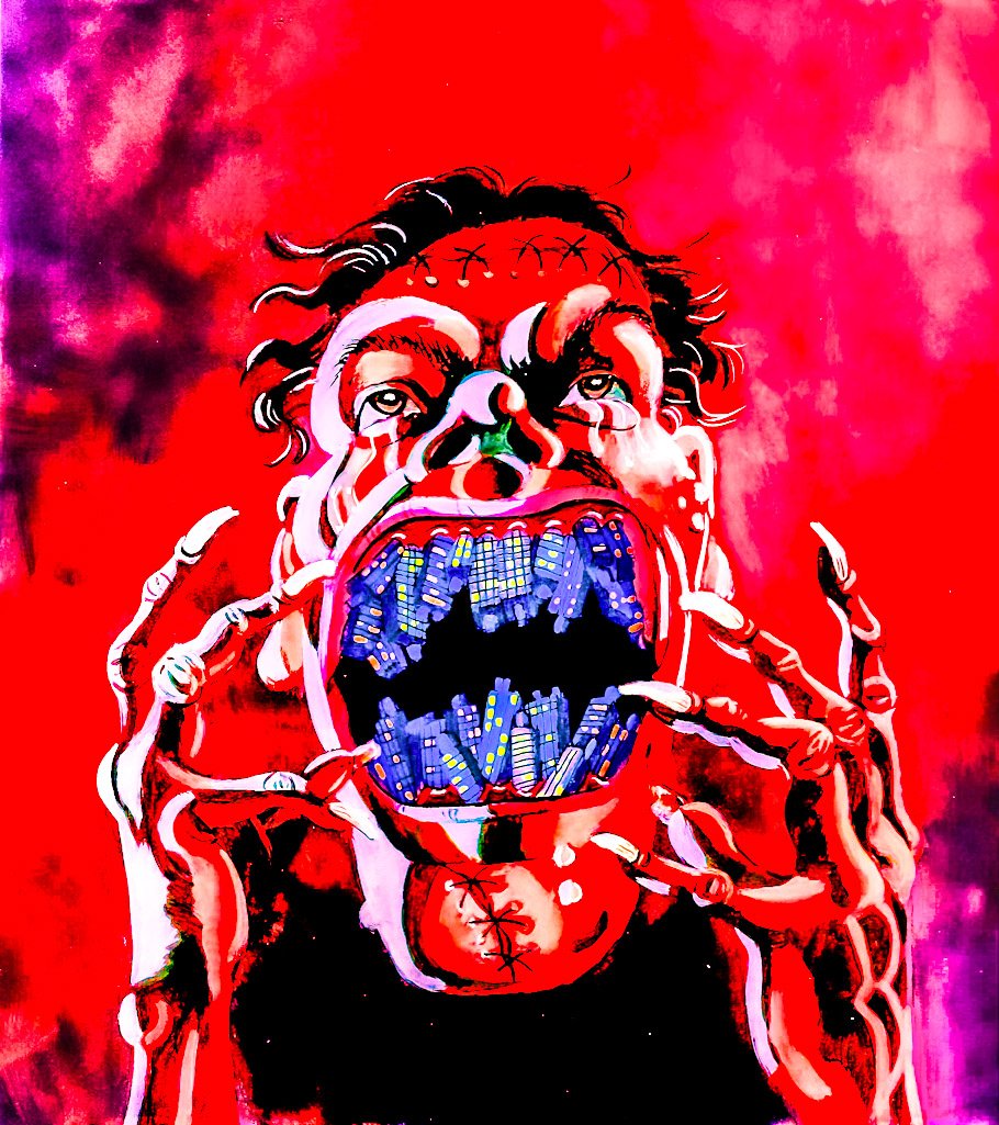 brainrentstudio's tweet photo. Hey, Ghoul Katz! Wilkie 19 here. 

Here's some concept art from the cult classic In The Mouth Of Ketchum (1986). In the film, Howie Ketchum, a struggling comic book writer, wakes up one morning to find a living, breathing city in his mouth.

Definitely a flick worth hunting down! https://t.co/qoQyPPtJ2f