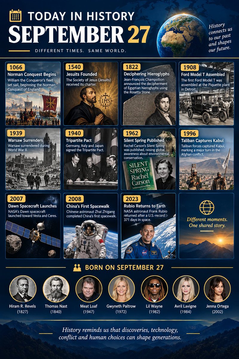 Folabomi00's tweet photo. 🌍 TODAY IN HISTORY — SEPTEMBER 27

622 — Muhammad completes the Hegira.
1822 — Champollion deciphers the Rosetta Stone.
1939 — Warsaw falls in WWII.
1962 — Rachel Carson’s “Silent Spring” is published.
2008 — China completes its first spacewalk.

#TodayInHistory #September27 https://t.co/4IImaorzex