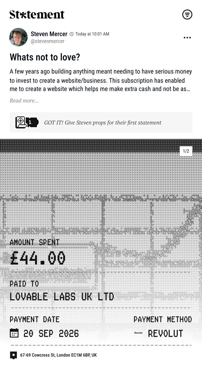 AppStatement's tweet photo. The power of a @Lovable subscription has helped Steven earn money from his vibe coded website and support his taxi driving income. So happy with the service he’s made a Statement about it 🧾 https://t.co/SVxAcJuyxb https://t.co/msaVEPH480
