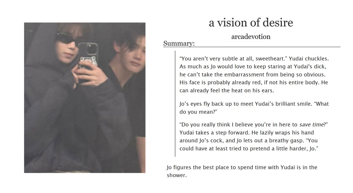arcadevotion's tweet photo. a vision of desire 👑🍚

✩ kengjyo
✩ canon comp, shower sex, praise kink
✩ rated explicit 
✩ 2.7k words

✩ link: https://t.co/Yot5uibyUo https://t.co/4A4SKRaBCt