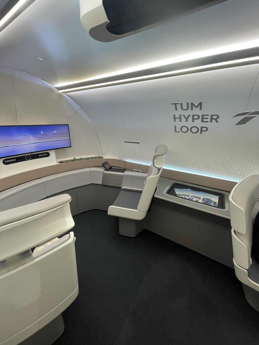 alexhornbyrail's tweet photo. Views from #InnoTrans: Comfort and ambience is as much in mind on @TUM_Hyperloop. Developed by @TU_Muenchen, it holds the Hyperloop speed record of 463 km/h and lare developing real-scale passenger pods & test tracks. Example journey times inc London-Paris in 20 mins. https://t.co/UHtB4mvWC1