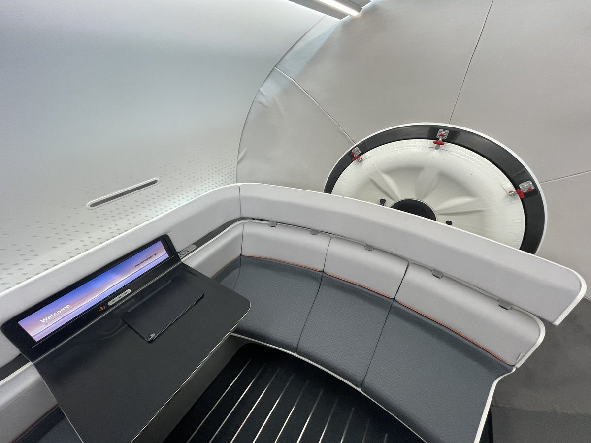 alexhornbyrail's tweet photo. Views from #InnoTrans: Comfort and ambience is as much in mind on @TUM_Hyperloop. Developed by @TU_Muenchen, it holds the Hyperloop speed record of 463 km/h and lare developing real-scale passenger pods & test tracks. Example journey times inc London-Paris in 20 mins. https://t.co/UHtB4mvWC1