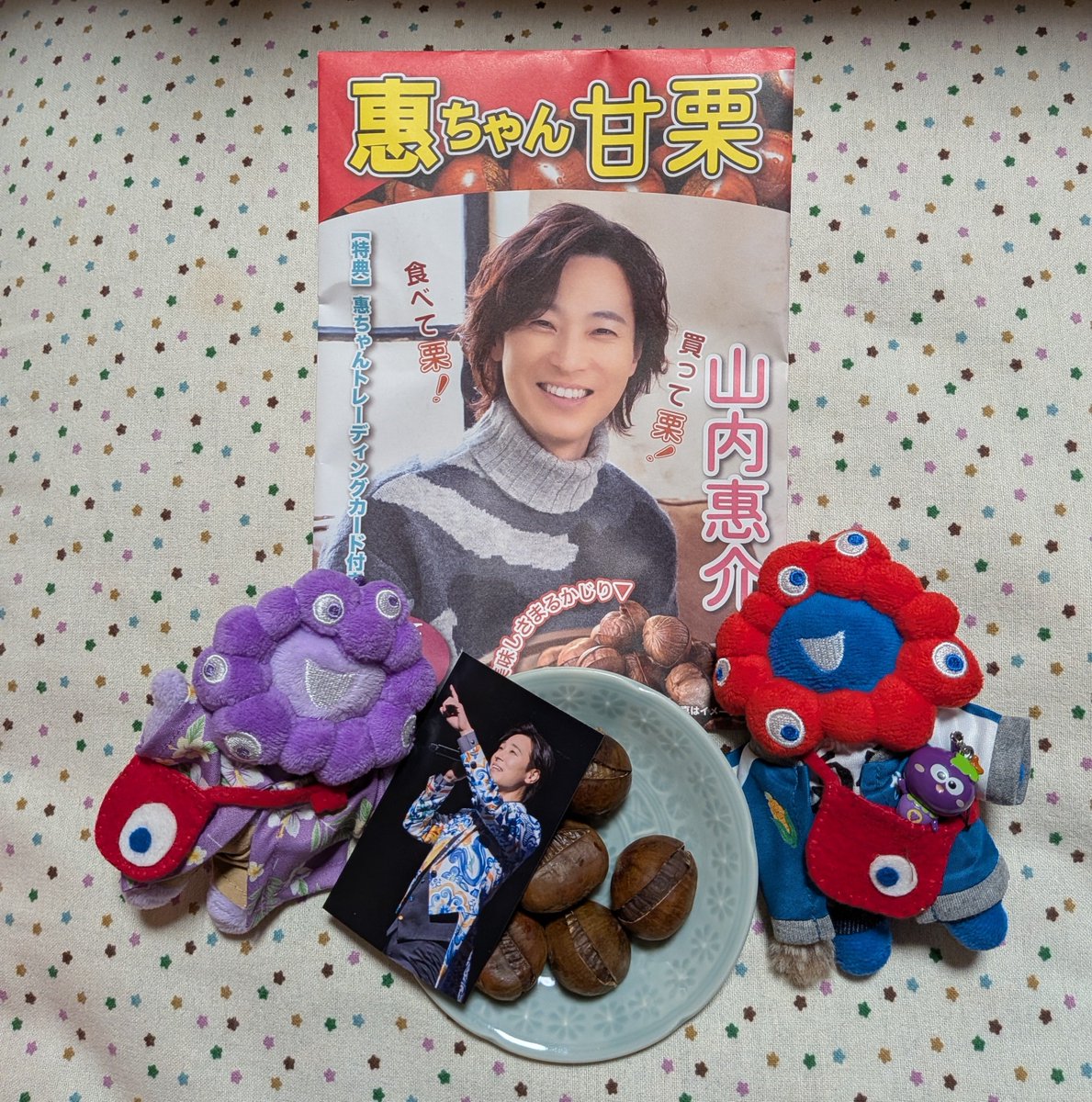 DStamarid0's tweet photo. "惠ちゃん甘栗"は、もっちり甘くて美味しくてトレカ入りでとってもお得なのさ‼️こんなに美味しい栗ならあと5袋は買って欲しかったな！実は…アクスタ買ってもらったから遠慮したのさ…

惠ちゃんの歌う美空ひばりは"宇宙一だよ‼️"…と熱く語るミーくん☺️💕

#山内惠介
#惠ちゃん甘栗
#美空ひばり https://t.co/WIoFOYEV20