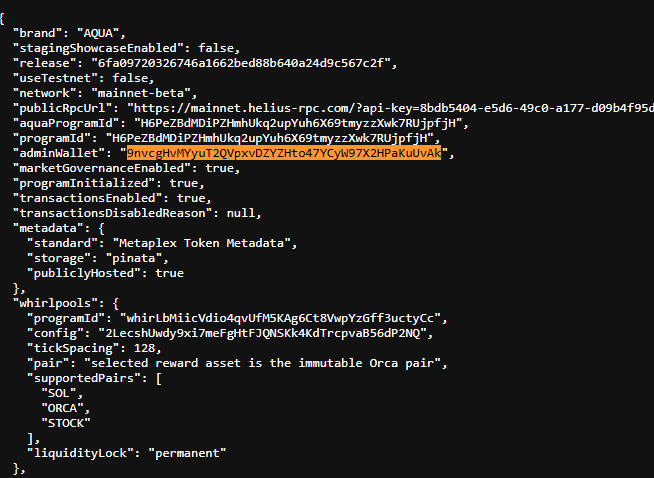 lastgrincandle's tweet photo. This was literally deployed by the AQUA team

From the official website, https://t.co/tp5L5pvJto view page source, you will find a config.js file 
https://t.co/B5qwgHIauN which shows the backend endpoint  https://t.co/XejrwlVZxx. 

The config endpoint on https://t.co/cxtxdkfV9j shows an adminWallet 
9nvcgHvMYyuT2QVpxvDZYZHto47YCyW97X2HPaKuUvAk which launched Squid 3 days ago.

ShZfJBVRP38C4syKJGK5rwAhH6KEwrR2bQ2njBysQY1