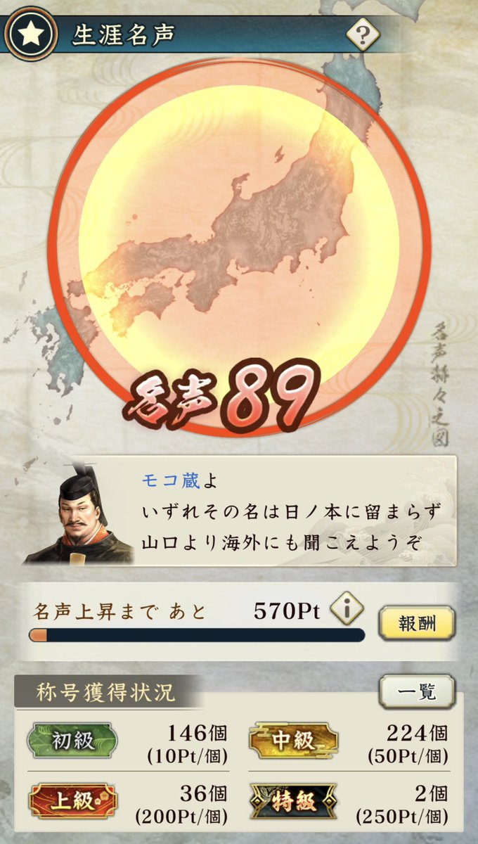 MC_zow's tweet photo. 鷹狩りくじ引きたさに制圧戦をがんばる。現行の日向国は宮崎0%なので「極」が全然勝てない。上野国は群馬9%で太鼓鳴らしたら完全達成できた。
特級称号のおかげで名声が89にあがり1000小判ゲットだぜ💰
名声が山口に届き、大内殿にお褒めいただいたが、あなたとの友好の為に稼いでます🦅
#信長出陣 https://t.co/KQmZl9x8wV