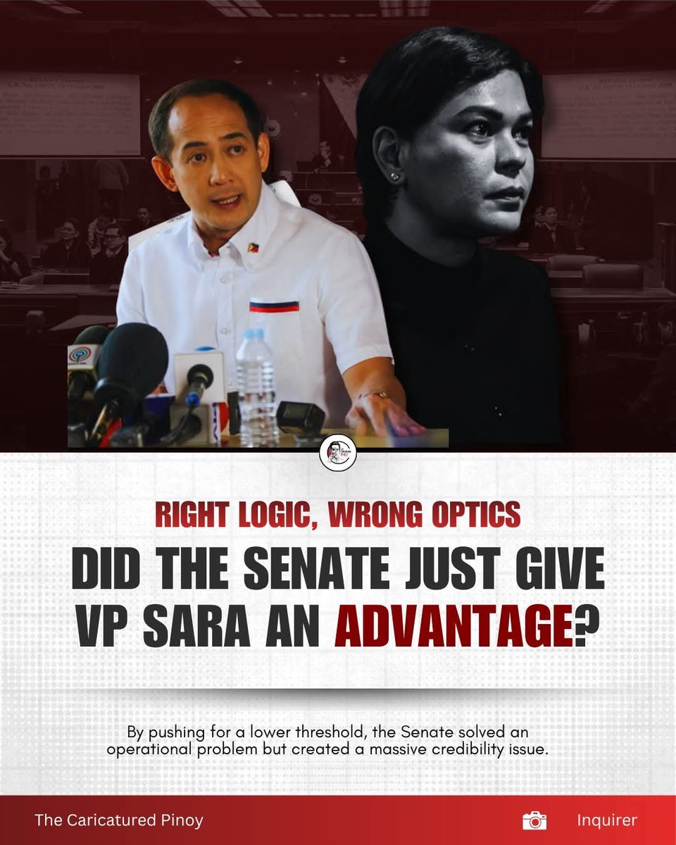 T0PGUNX's tweet photo. Victor Rodriguez’s move to block the Senate’s recalculation of impeachment voting rules may look like political maneuvering, but the deeper issue lies in optics: by lowering the conviction threshold from 16 to 14 votes mid-trial, the Senate handed Vice President Sara Duterte’s camp a ready-made “rigged” narrative. 

Whether she is acquitted or convicted, her supporters can spin the outcome as illegitimate—either boasting that her opponents bent the law and still failed, or dismissing a guilty verdict as unconstitutional. 

While the Senate’s practical reasoning holds weight—arguing that the two-thirds requirement should apply only to active, capable members rather than counting absent senators who are detained, ill, or evading the law—the decision to apply this new math solely to this trial makes it appear engineered. The chamber faced a constitutional trap: keeping the fixed 16-vote bar rewards absenteeism and paralyzes the process, but lowering it risks credibility and fuels accusations of bias.

 Ultimately, the Supreme Court challenge is crucial because impeachment must deliver closure under rules beyond suspicion; otherwise, even a conviction will carry a permanent asterisk, turning accountability into endless political feud.