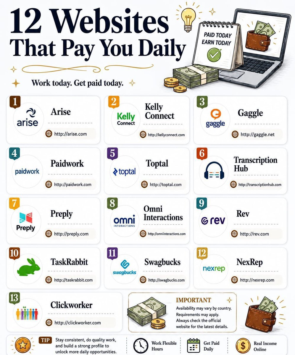 triptitips's tweet photo. 12 Websites That Pay You Daily 💸

1. https://t.co/Q98hZ5MqBp
2. https://t.co/KQZKcWjzft
3. https://t.co/mJmkXebzfl
4. https://t.co/wt8zv9gPgQ
5. https://t.co/DUSJEPtd5M
6. https://t.co/UwUb3I23Di
7. https://t.co/nVYJdTQaat
8. https://t.co/NC5Q8Cf8Zh
9. https://t.co/j2ML6iW8t8
10. https://t.co/IU7zYJorOK
11. https://t.co/GcbiHecETr
12. https://t.co/yLQNVhhz2I

💡 Save this list for later.
One of these websites could become your next income opportunity.

Follow 
@triptitips 
 for more AI, money-making & productivity resources. 🚀