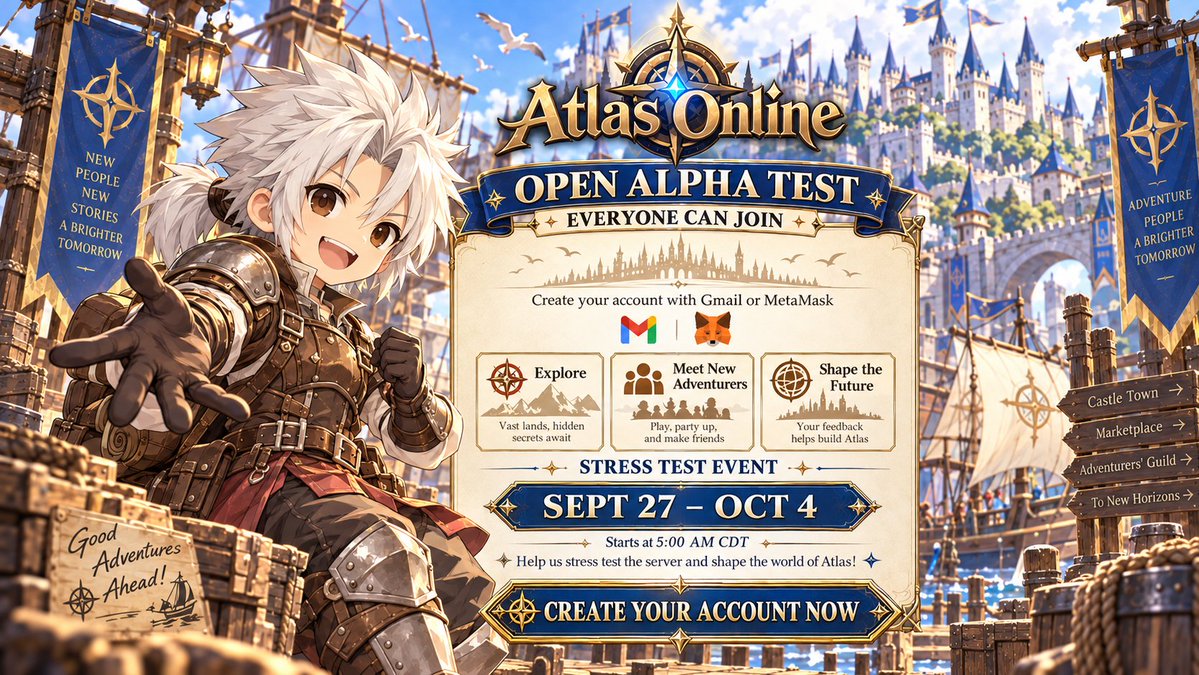 AtlasOnlineWeb3's tweet photo. ⚔️ ATLAS ONLINE — OPEN ALPHA IS LIVE! 🌍
The gates are officially open.
From Sept 27 to Oct 4, everyone is invited to jump into Atlas and help us stress test the servers before the next stage of development.
🔥 Explore the world
🤝 Meet other adventurers
🛡️ Battle, test, discover
🧪 Help us push the servers to their limits
No whitelist. No invite needed.
Create your account using Gmail or MetaMask and start your adventure.
🗓️ Sept 27 – Oct 4
⏰ Starts at 5:00 AM CDT
This is only the beginning.
Shape the future of Atlas. ⚔️
#AtlasOnline #OpenAlpha #MMORPG #Web3Gaming #Gaming #AlphaTes