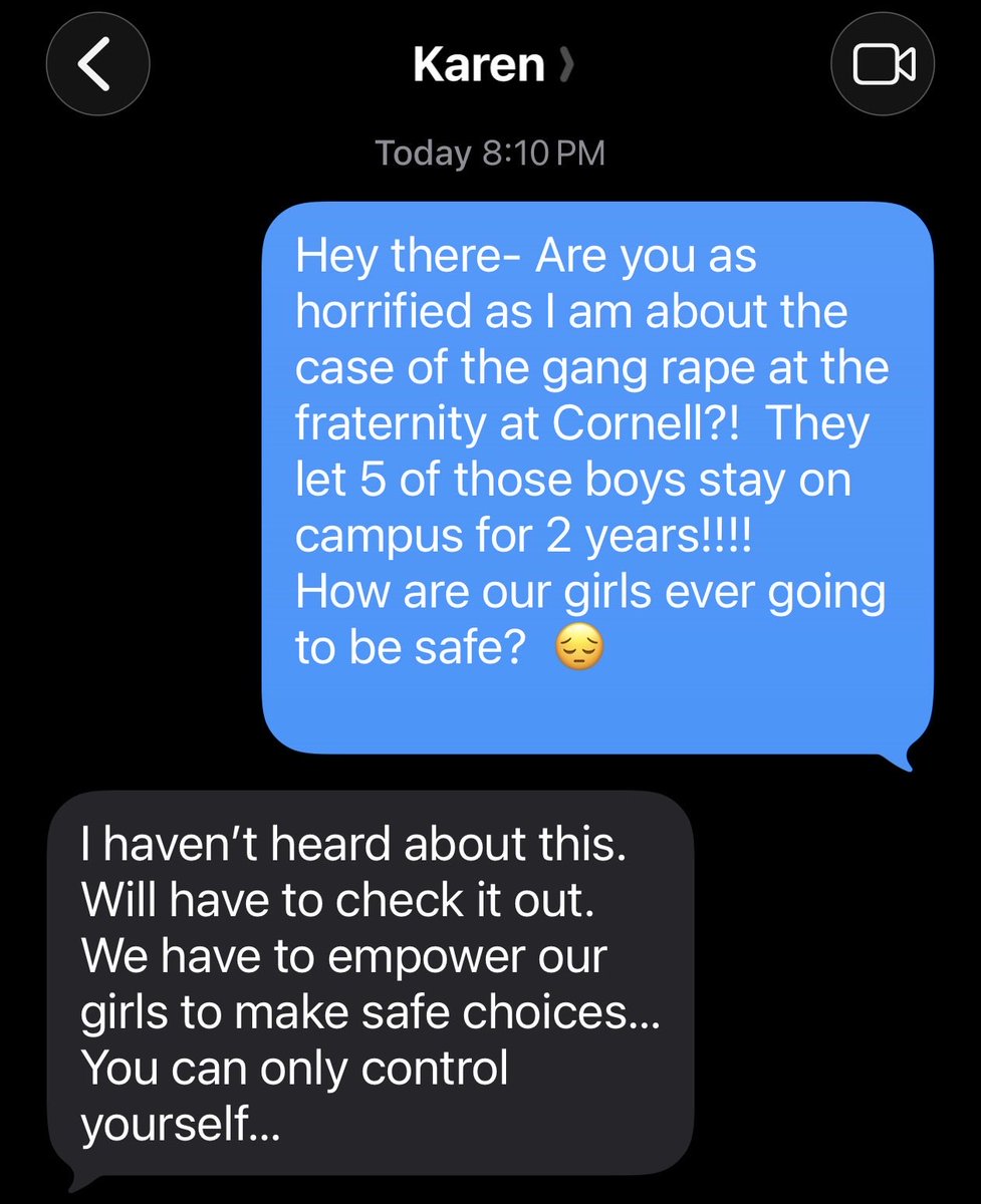 ColoJen's tweet photo. The OG Karen being an absolute Karen…. 
Try to broach the Cornell gang rape and she responds with 
“Our girls have to do better”
I. Can’t. Even. https://t.co/I04AaFSVpQ