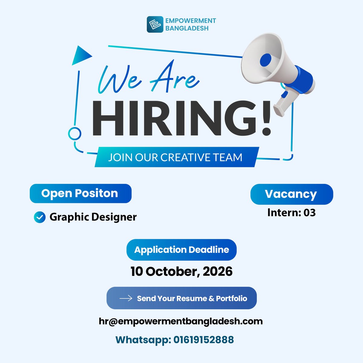 empowermentbd's tweet photo. We are Hiring!
🔷 Position: Graphic Designer [Vacancy - 03]
Job Type: Onsite

Whatsapp: +8801619152888 | https://t.co/tJTsAPJ8my

#CareerOpportunity #CreativeDesignerJobs #GraphicDesignerJobs #HiringNow #JobVacancy #DesignCareer https://t.co/hYpkK0hZzt