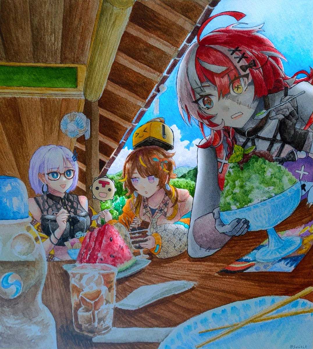 sui6060's tweet photo. With hololive ID and JP now grouped together, I illustrated a quintessentially Japanese summer featuring the "Holoro"
group🍂🧟‍♀️🦚🍧🎐
#Reinessance #anyatelier  #graveyART https://t.co/r62K4AJafb