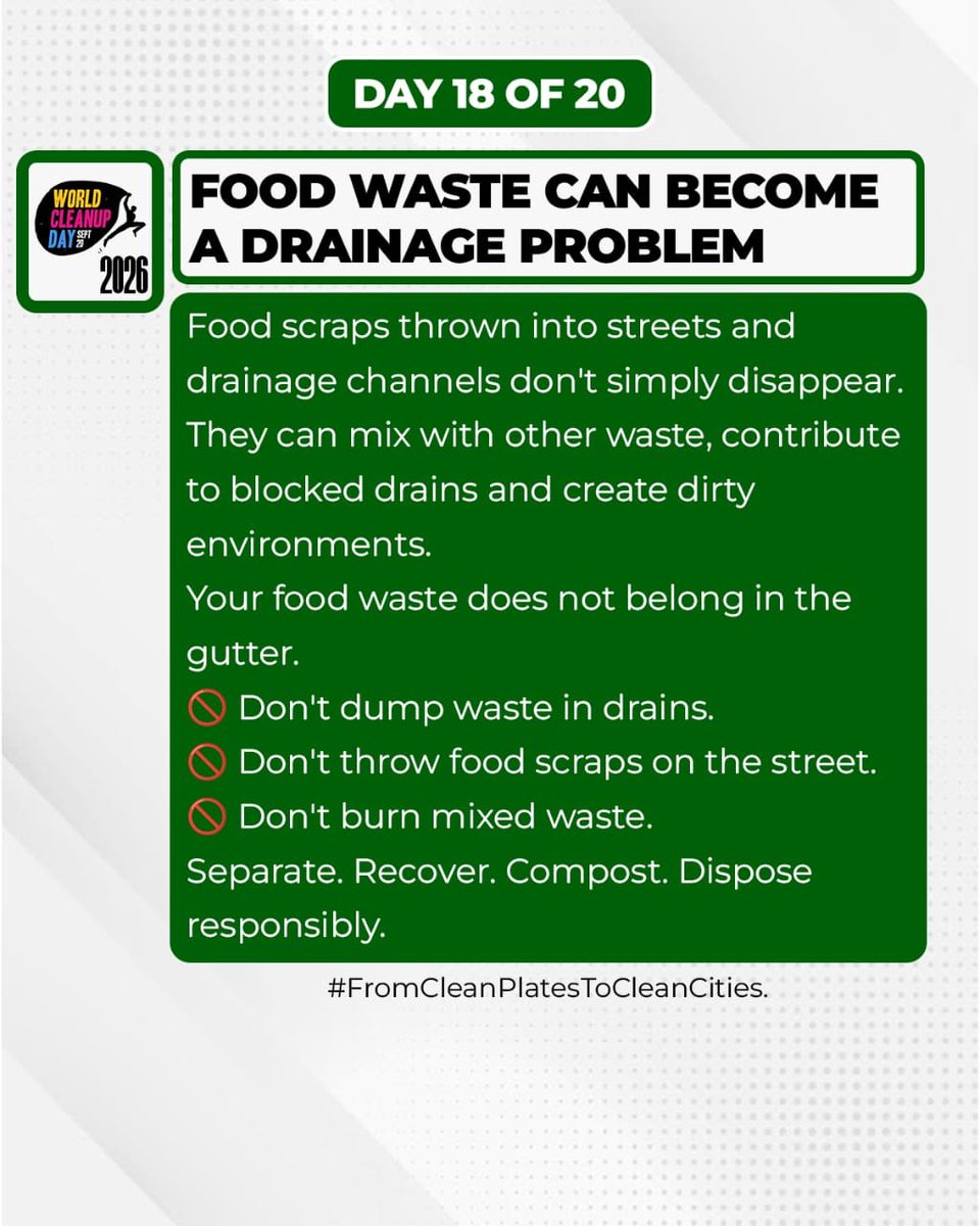 BenueAID's tweet photo. Day 18 — Keep Food Waste Out of Drains
Food waste thrown into drainage channels doesn't simply disappear.
It can mix with other waste, contribute to blocked drains & create dirty environments
Clean communities require responsible waste habits.
#BenueAID
#CleanPlatesCleanCities https://t.co/85dSDBgZfu
