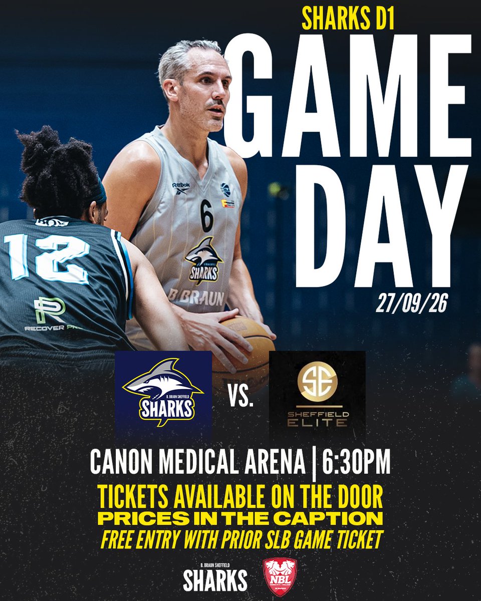 SharksPathway's tweet photo. Sharks D1 game day 🦈 free entry for those attending the prior SLB game!

🗓 Saturday 27th Sep | 6:15pm
🆚️ @sheffield_elite_bball
📍 Canon Medical Arena
🎟 £5 on the door, cash or card accepted. Juniors in tracksuit and under 10s go free!

#NBL2627 https://t.co/j0SHOrPAUg