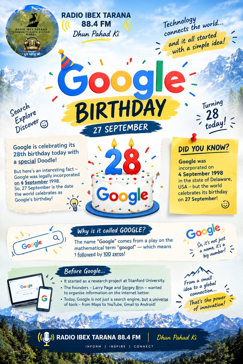 radioibextarana's tweet photo. 🔎✨ 28 years of searching, discovering and connecting the world!
Google celebrates its 28th birthday today — with a journey that began with a simple idea and changed how we find information. 🌐
@suryacommand 
@UBArea_IA 
#GoogleBirthday #Google28 #RadioIbexTaranaharsil https://t.co/OvDW9fIN1Z