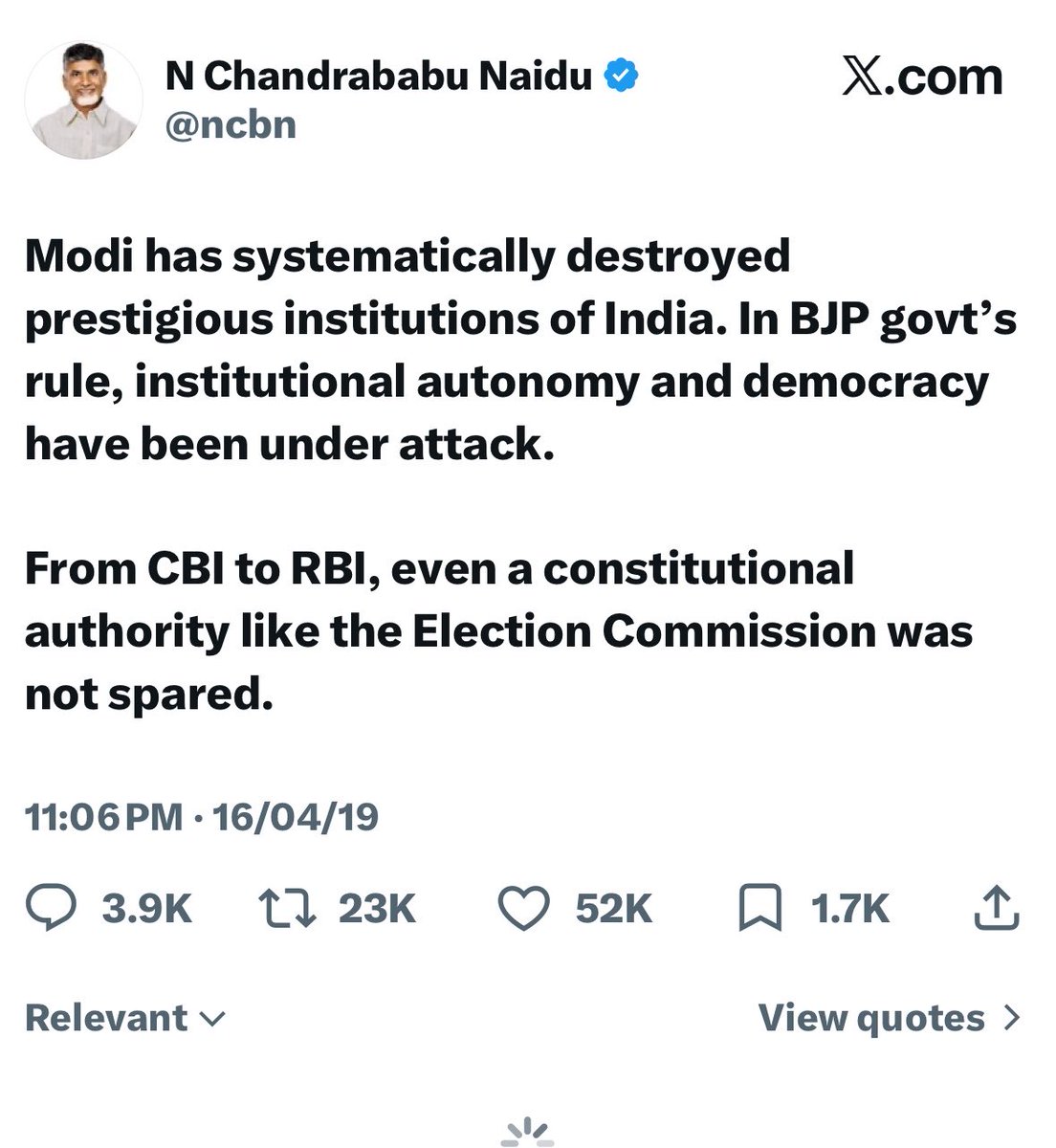 srivatsayb's tweet photo. Babu Naidu has now deleted this 2019 tweet against Modi after being exposed.

Naidu must realise that he can delete tweets but that won’t change the fact that he had attacked Modi and EC being hand in glove. https://t.co/XH6rvg5qOj