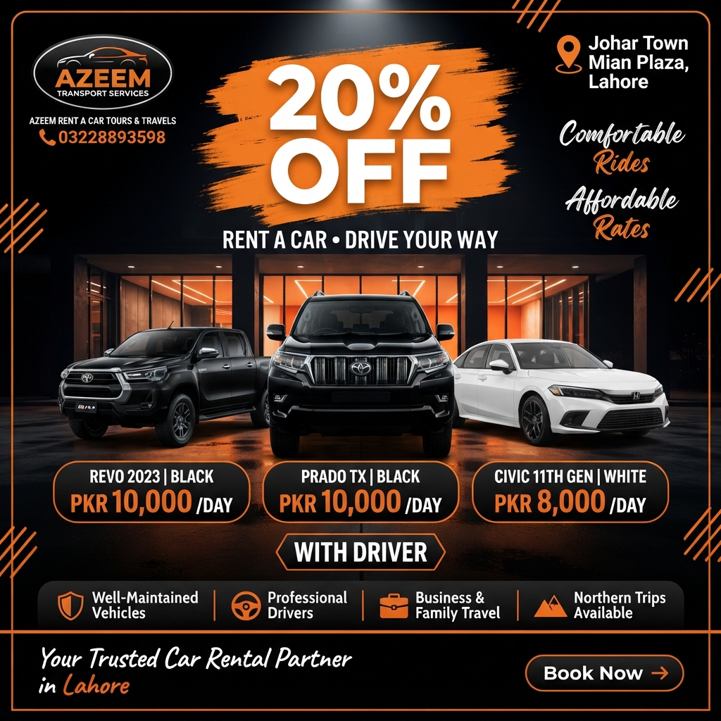 azeemrentacar02's tweet photo. 🚙 20% OFF on Revo, Prado &amp; Civic — with driver!
Revo/Prado: PKR 10,000/day | Civic: PKR 8,000/day
📍 Johar Town, Lahore | 📞 0322 8893598
#AzeemRentACar #LahoreCarRental #Prado #Revo #Civic #RentACar #Pakistan #TravelLahore https://t.co/6Ebxt3xU5C