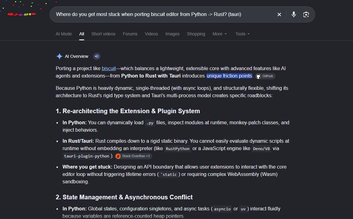 tomfriks's tweet photo. Hardest part of porting Biscuit from python -> rust?

I mean, you can just google it...

#buildinpublic https://t.co/McMjK1j48W