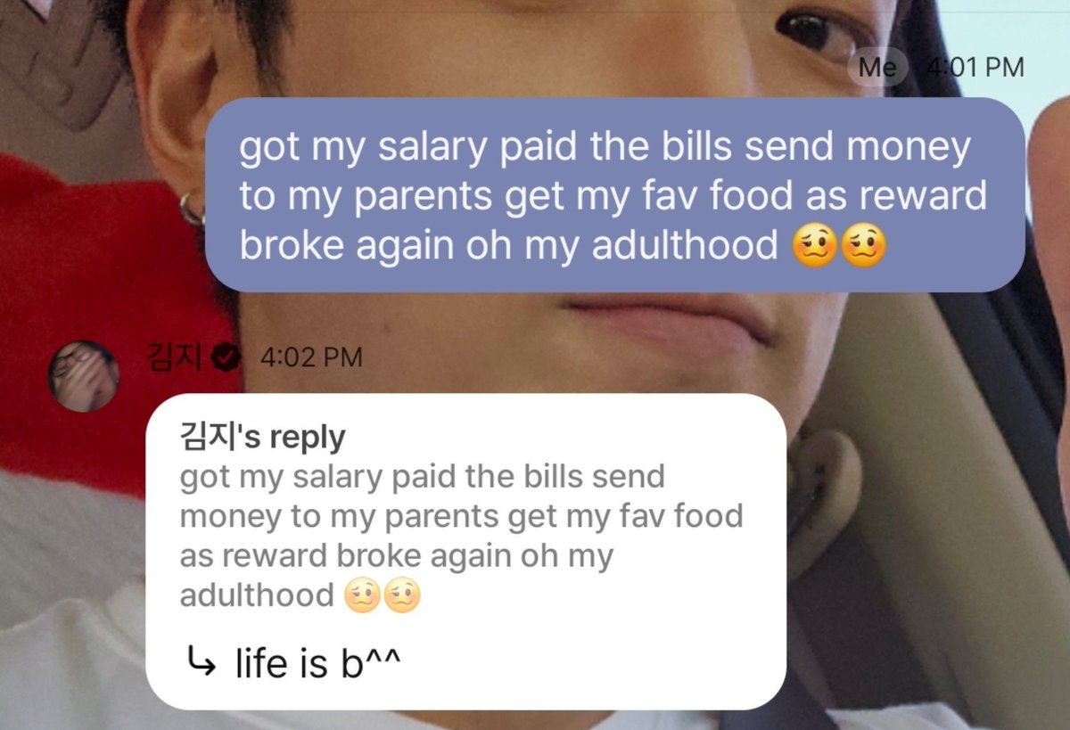 jiwonmuse's tweet photo. 💬: got my salary paid the bills send money to my parents get my fav food as reward broke again oh my adulthood 🥴🥴

bobby: life is b^^(bitch) LMAOOOO

kim jiwon HAHAHAHAHA singkat jelas padat hidup emang bajingan 😭😭😭😭😭😭😭☝🏻 https://t.co/Q5WJabn0Jm