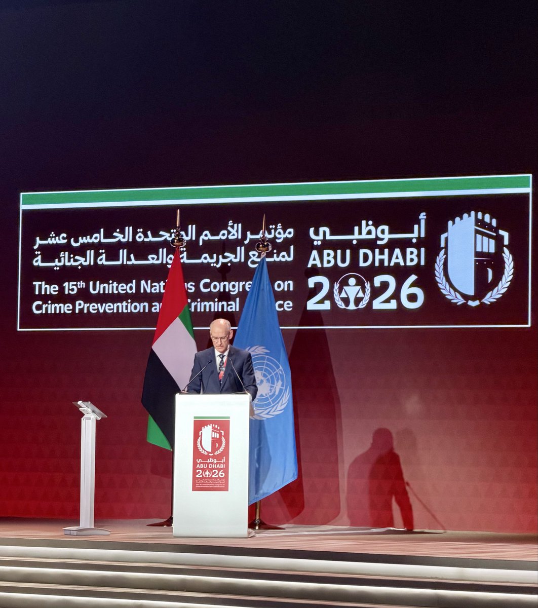 LTinUAE's tweet photo. “Our message is clear: we stand with Ukraine. We stand for justice.” 🇱🇹🇺🇦 At the 15th #UNCrimeCongress in Abu Dhabi, Amb. Ernestas Mickus delivered Lithuania’s statement, also calling for stronger cooperation against organised crime, trafficking &amp; hybrid threats. https://t.co/BWR82u2CRs