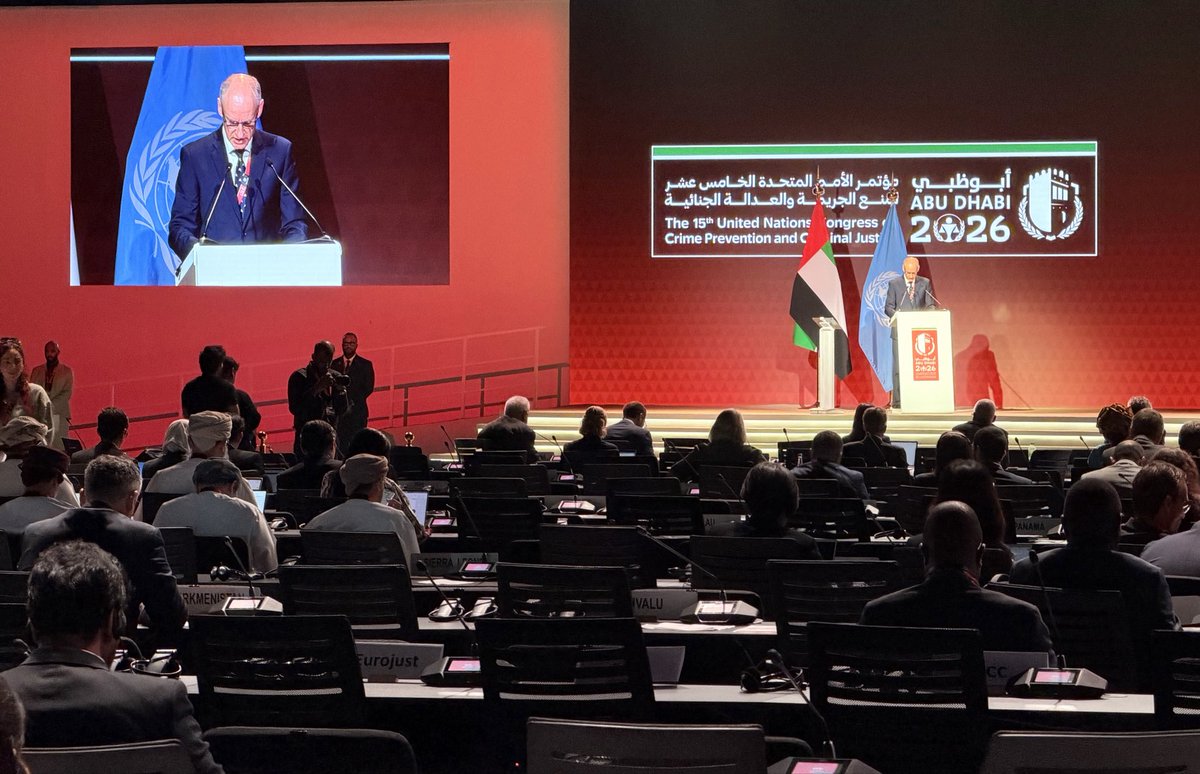 LTinUAE's tweet photo. “Our message is clear: we stand with Ukraine. We stand for justice.” 🇱🇹🇺🇦 At the 15th #UNCrimeCongress in Abu Dhabi, Amb. Ernestas Mickus delivered Lithuania’s statement, also calling for stronger cooperation against organised crime, trafficking &amp; hybrid threats. https://t.co/BWR82u2CRs