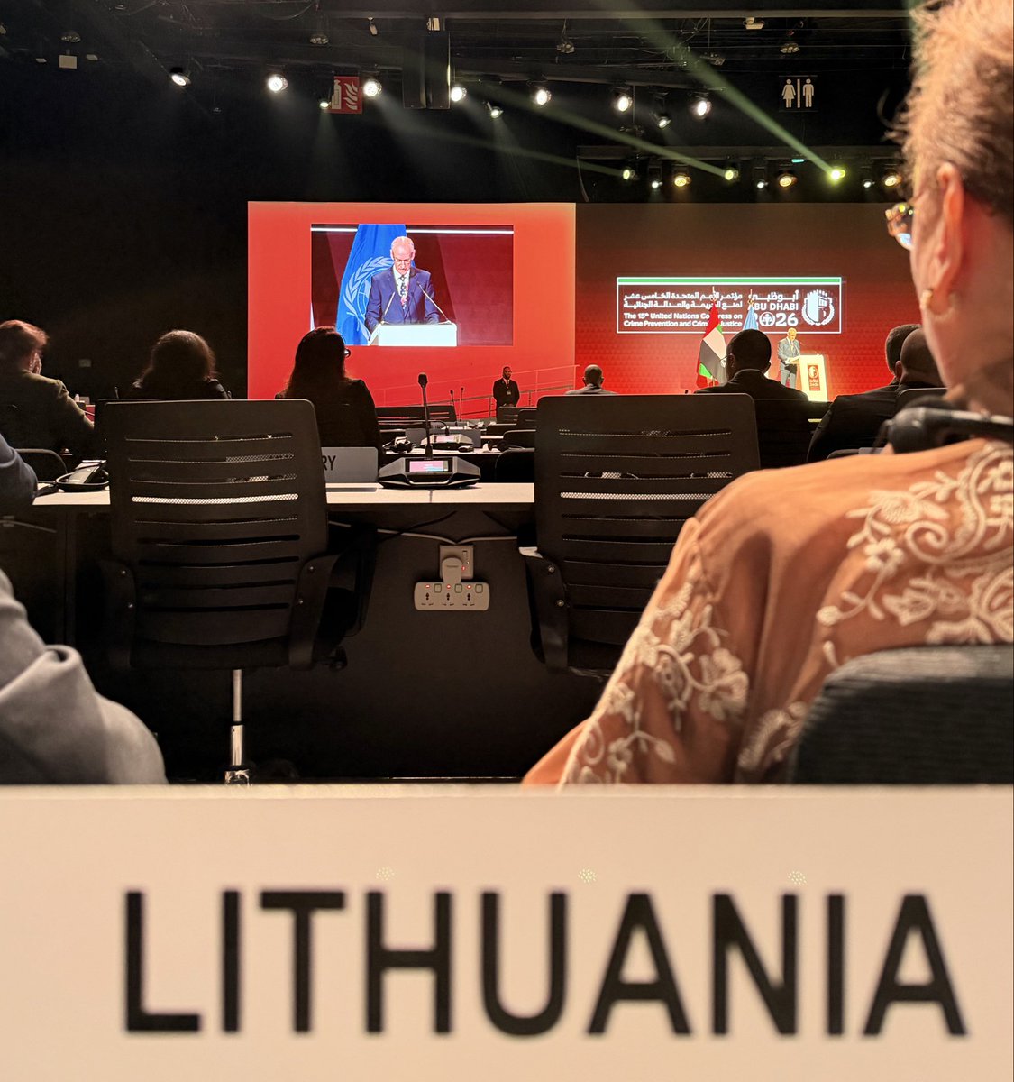 LTinUAE's tweet photo. “Our message is clear: we stand with Ukraine. We stand for justice.” 🇱🇹🇺🇦 At the 15th #UNCrimeCongress in Abu Dhabi, Amb. Ernestas Mickus delivered Lithuania’s statement, also calling for stronger cooperation against organised crime, trafficking &amp; hybrid threats. https://t.co/BWR82u2CRs
