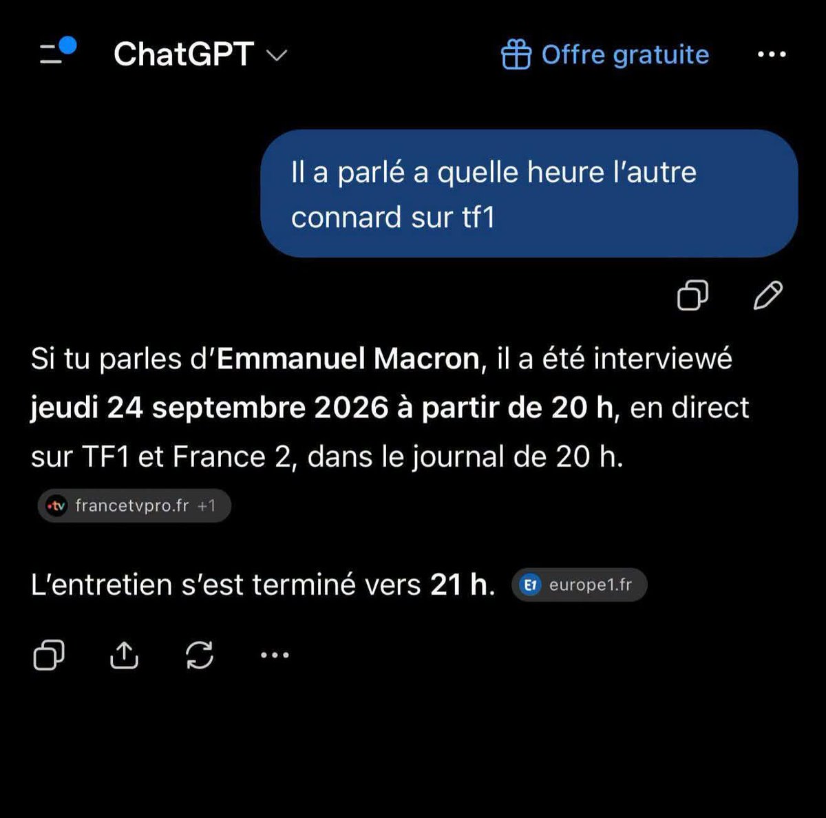 DocteurPEB1's tweet photo. Question à ChatGPT, sa réponse  : Copie d'écran authentique !
L'IA devient de + en + intelligente !
mdr 😅😂