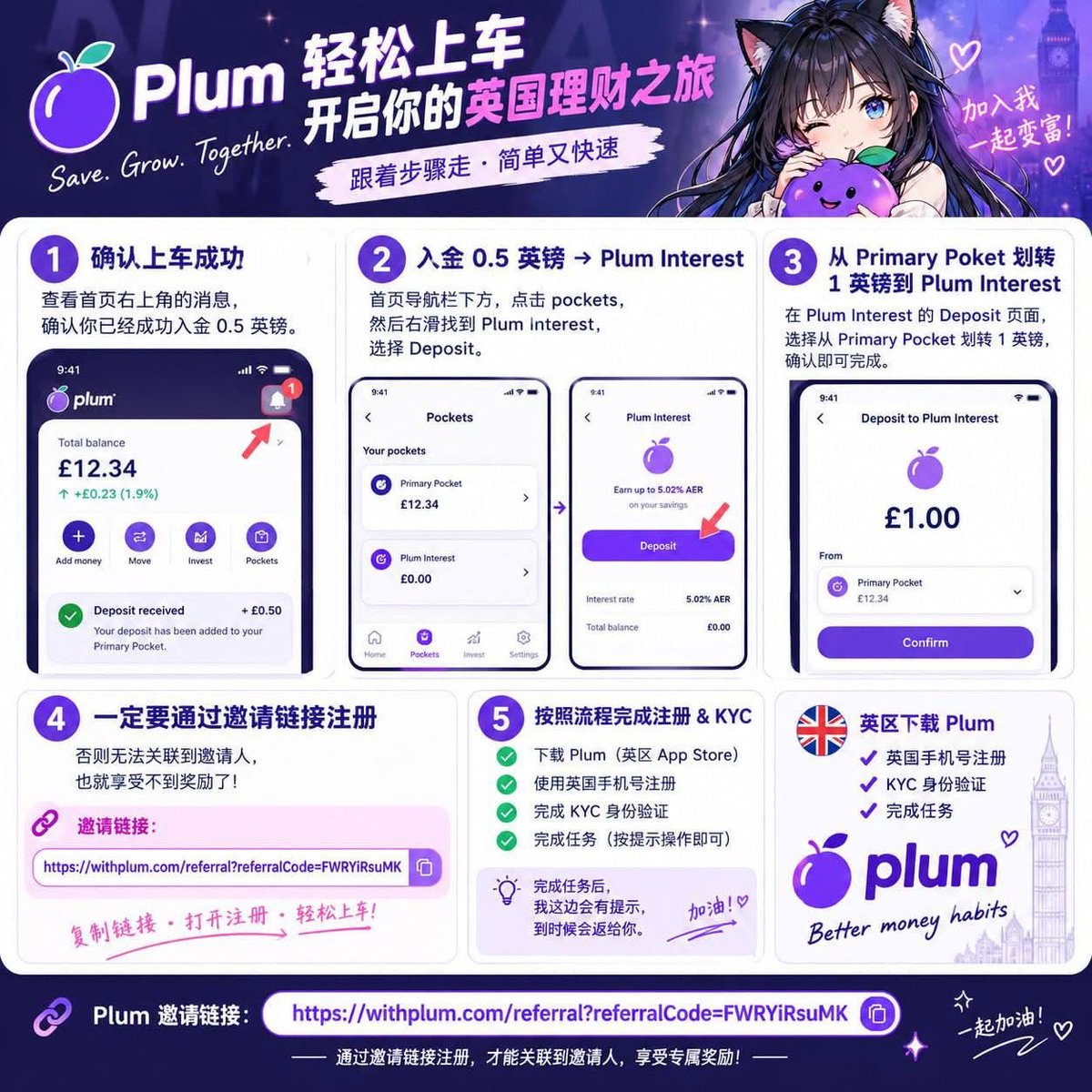 Steven_white008's tweet photo. PLUM 上车
轻松赚10英镑  🚗 

查看首页右上角气泡确认已上车

任务:
首页导航下面- > pockets->然后右滑 找到 Plum interest ->deposit ->primary poket 的一英镑划转到 plum interest 就完成了。

记得一定要通过邀请链接注册，否则关联不到邀请人
https://t.co/gbYUPAmYHw https://t.co/1vnDfjSHLp