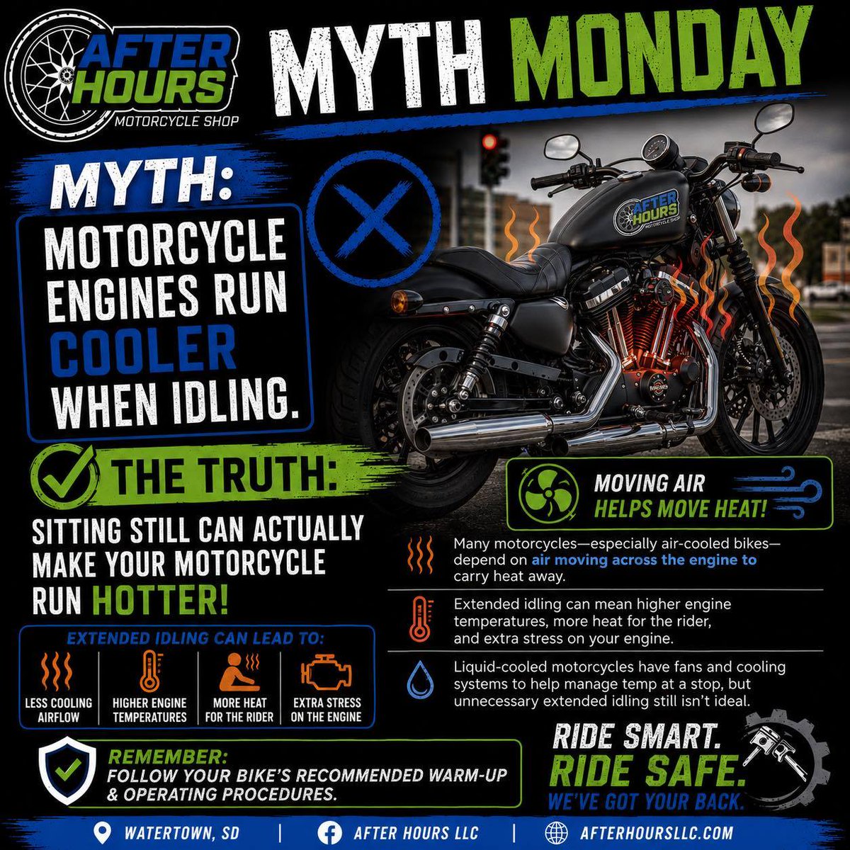 thafagundes12's tweet photo. MYTH MONDAY with After Hours Motorcycle Shop

MYTH: Motorcycle engines run cooler when idling. The truth? Idling can make your bike hotter. Air-cooled engines need airflow to shed heat. Follow recommended warm-up procedures—moving air moves heat. https://t.co/dVoahkxuhY