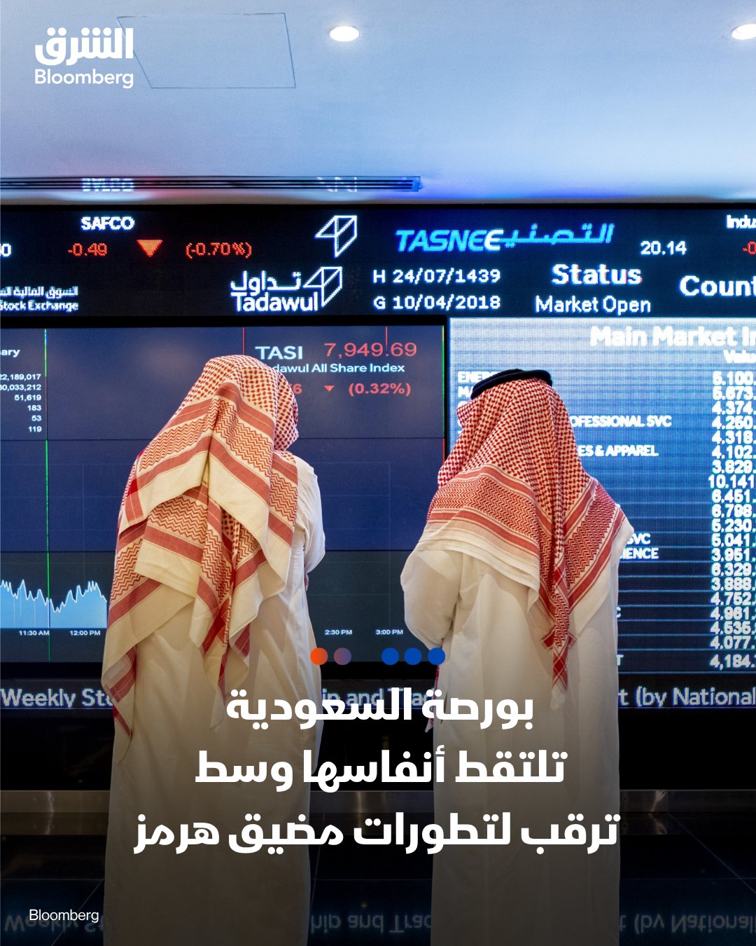 سوق الأسهم السعودية تستهل تداولات الأحد على استقرار، بعد تكبدها خسائر على مدى أربعة أسابيع متتالية. ارتفع مؤشر "تاسي" في التعاملات المبكرة على نحو طفيف، وسط تحركات محدودة في القطاعات والأسهم القيادية. المستثمرون يوازنون بين تعافي صادرات المملكة من النفط وتطورات مرتبطة بـ"أرامكو"، في مقابل استمرار الغموض بشأن إعادة فتح مضيق هرمز.. تابعوا الشرق بلومبرغ للمزيد 