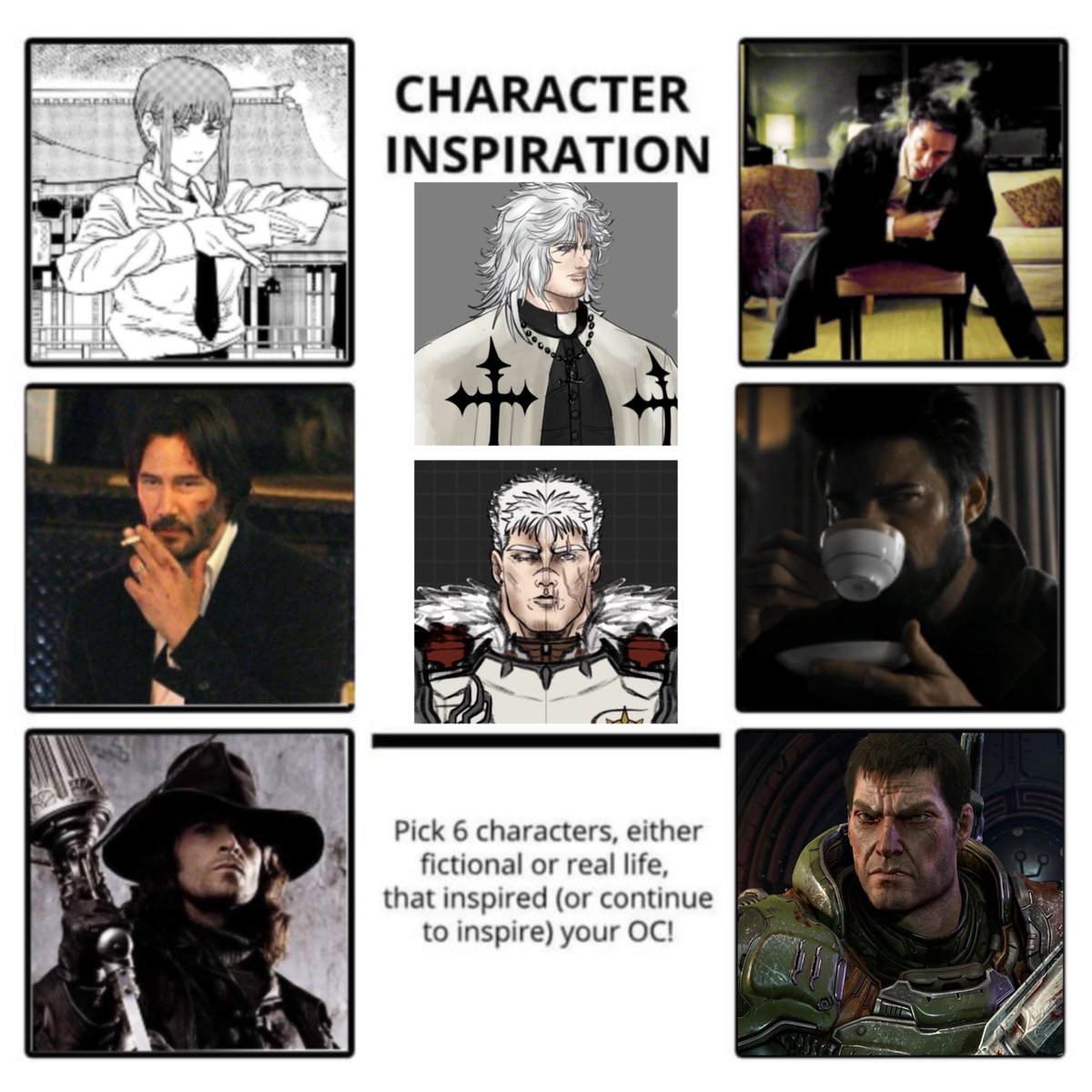 olya59s's tweet photo. My oc Aiden characters inspiration: 
Makima - Chainsaw man 
John wick - [ this is name ] John wick 
Gabriel van Helsing - van helsing ( 2004)
John constantine - Constantine (2005)
Billy butcher - the boys 
Doom slayer - Doom https://t.co/lCLheiQ1wA