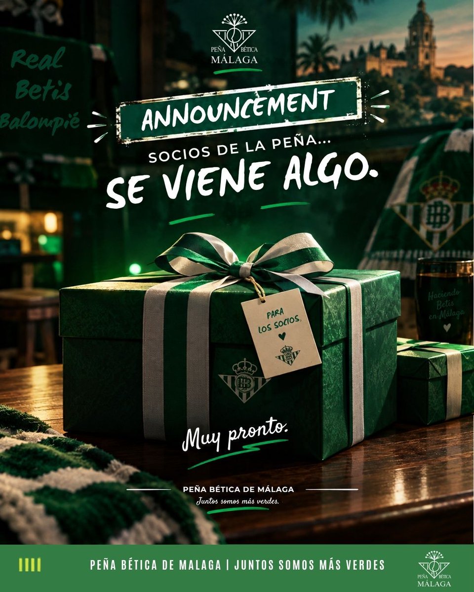 pbeticamalaga's tweet photo. 🚨 ANNOUNCEMENT 🚨

Socios de la Peña… tenemos algo que contaros. 👀💚

Ha llegado uno de esos momentos del año que más nos gustan.

Estamos preparando algo para vosotros. 🎁

¿Qué es?

🤫 De momento, ni una palabra. https://t.co/X7O0ALpHpx