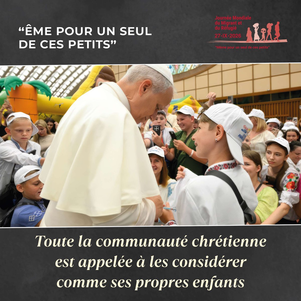 vaticanIHD_FR's tweet photo. 📣 Aujourd'hui, l'Église célèbre dans le monde entier la #JMMR2026, sur le thème «Même pour un seul de ces petits». Nous ne pouvons rester indifférents au cri des mineurs déplacés, ni nous habituer à tant de souffrance. 🫂 #PapeLéonXIV 

https://t.co/58ORjz6NvT https://t.co/EHe8ugvei0