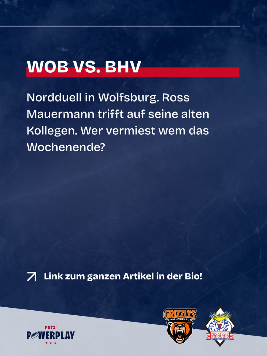 petzpowerplay's tweet photo. Nordduell in Wolfsburg. Ross Mauermann trifft auf seine alten Kollegen. Wer vermiest wem das Wochenende? 

https://t.co/BiIOD4HjCv 

#petzpowerplay #del #eishockey #grizzlyswolfsburg #fischtownpinguins https://t.co/UqC3WywMMg