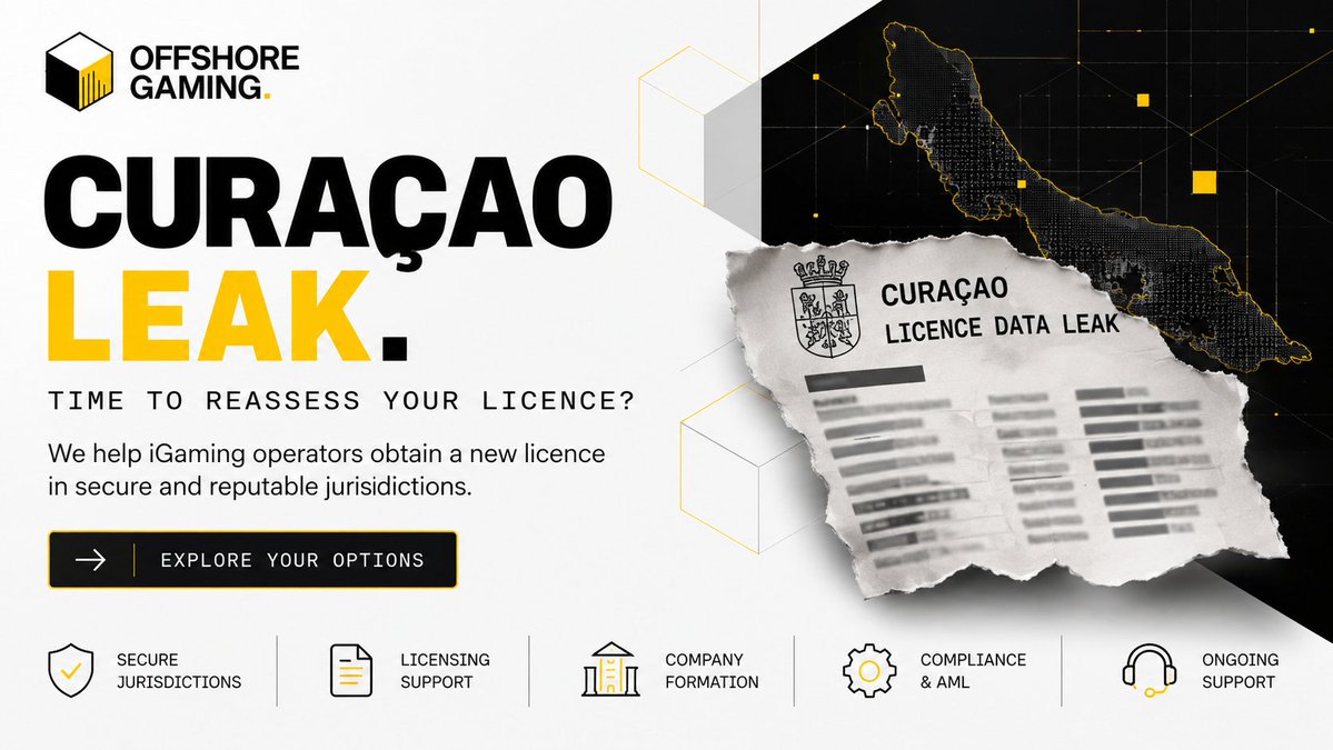 OffshoreGamingX's tweet photo. The recent Curaçao licence data leak is a reminder that jurisdiction matters.

If the incident has you reassessing your current licensing setup, we can help you explore alternative jurisdictions and manage the transition, from company formation and licensing to AML/compliance and ongoing support.

🌐 https://t.co/vdd45tCeTB

#iGaming #Curacao #GamingLicense #iGamingLicensing #OnlineGaming #GamingCompliance #OffshoreGaming