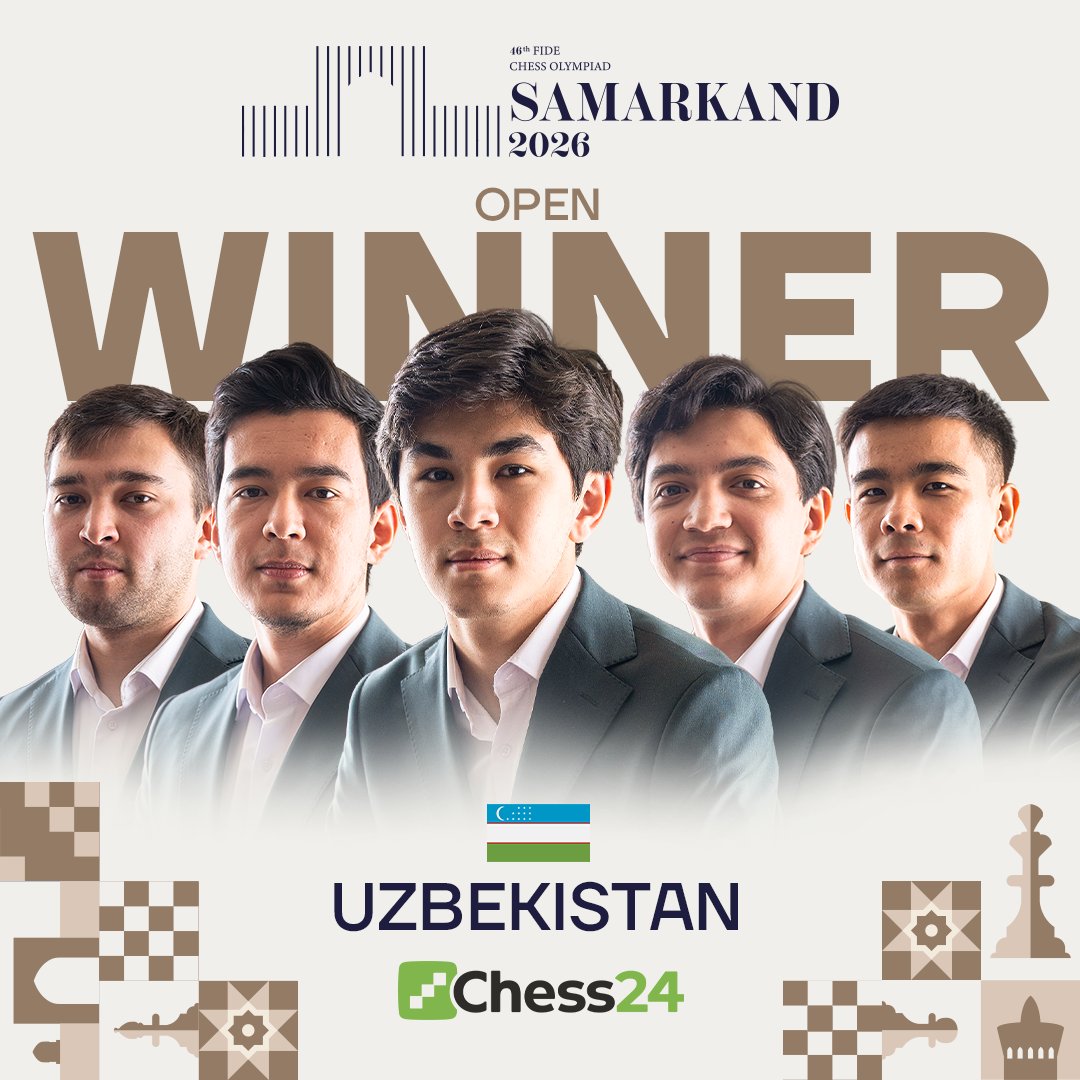chess24com's tweet photo. Congratulations to Uzbekistan on winning a 2nd #ChessOlympiad, and this time on home soil! 🥇🥇 https://t.co/04q7ETUBP1