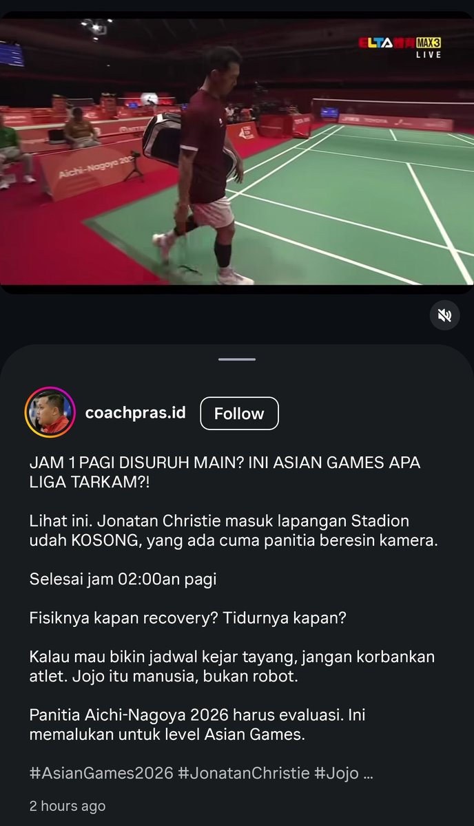 ainurohman's tweet photo. Jadwal badminton di Asian Games 2026 memang absurd dan nggak masuk akal.. https://t.co/BjUiIH3yly