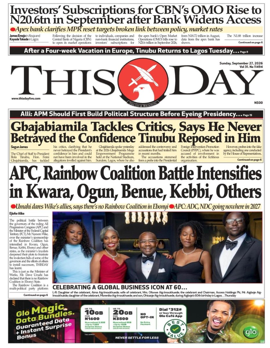 tolaogunnubi's tweet photo. #Newspaper #ENGESP #oasis #Headlines #BreakingNews #KeneDeyForYou #SHUFFLE Governors Okiki Cassie Airpeace Spain Church Jago Harry Kane Settings Pastor Jerry Eze Carter Efe Cuba Tony Elumelu France President Bola Tinubu Jet A1 APC Atiku Abubakar Kenyans NDC Peter Obi OK Kwankwaso https://t.co/iZEnxBTQ0w