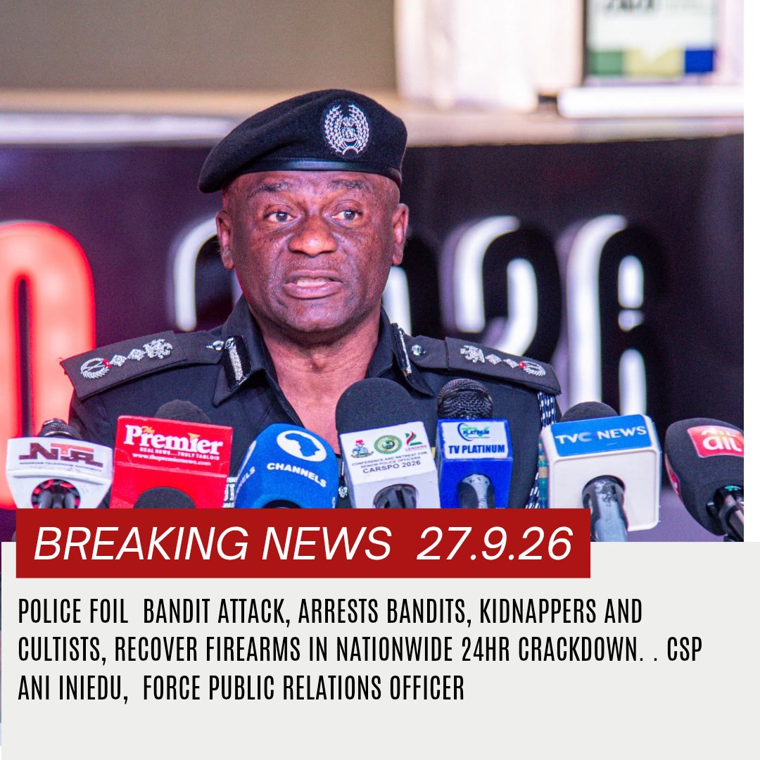 CspIniedu's tweet photo. Good Morning Esteemed,

Kindly find below the State-by-State Executive Summary of @policeNG Operational Successes for 27th September, 2026:

1. KATSINA STATE (25th September, 2026): FOILED KIDNAPPING / INJURED VICTIM EVACUATED

✅ Police operatives and tactical teams successfully responded to an attempted kidnapping operation at Sabon Gari Maikomo Village.

✅ The operatives successfully engaged the suspected bandits in a gun duel, forcing them to flee into the bush.

✅ One injured victim was successfully evacuated to General Hospital for medical treatment.

🔹 Status: SCID Katsina Investigating.

2. BENUE STATE (26th September, 2026): ARREST OF TWO SUSPECTED CULTISTS / RECOVERY OF FIREARM

✅ Police operatives successfully responded to a distress call concerning two individuals brandishing a firearm at a youth executive election meeting.

✅ Two suspects were successfully arrested.

✅ One locally fabricated pistol was successfully recovered from their possession.

🔹 Status: SCID Makurdi Investigating.

3. EBONYI STATE (26th September, 2026): ARREST OF TWO SUSPECTS IN ABDUCTION AND SEXUAL ASSAULT CASE

✅ Police operatives successfully arrested two suspects linked to the abduction and sexual assault of two female victims.

✅ The suspects were transferred alongside the victims and case file to the State CID for discreet investigation.

🔹 Status: SCID Abakaliki Investigating.

4. OYO STATE (25th September, 2026): ARREST OF SUSPECT / RECOVERY OF FIREARM AND AMMUNITION

✅ Police personnel on routine stop-and-search operations along the Ibadan/Ife Expressway successfully intercepted a commercial vehicle.

✅ One suspect was successfully arrested following the recovery of a locally-made pistol and one live cartridge from his possession.

🔹 Status: SCID Ibadan Investigating.

5. OYO STATE (25th September, 2026): ARREST OF TWO SUSPECTED ELECTRICAL CABLE VANDALS / RECOVERY OF EXHIBIT

✅ Police operatives successfully intercepted and arrested two suspects along the Igboora-Eruwa Expressway.

✅ Electrical aluminium conductor wire suspected to have been vandalized from electricity poles was successfully recovered.

🔹 Status: SCID Ibadan Investigating.

6. OYO STATE (23rd September, 2026): ARREST OF SUSPECT IN ATTEMPTED MURDER CASE

✅ Police operatives successfully responded to an attempted murder incident at Balose Village.

✅ One suspect was successfully arrested and is currently in custody.

✅ The injured victim was successfully evacuated to Bowen University Teaching Hospital, Ogbomoso, for medical treatment.

🔹 Status: SCID Ibadan Investigating.

7. KANO STATE (26th September, 2026): RESCUE OF POLICE OFFICER / RESTORATION OF NORMALCY

✅ Police patrol operatives successfully mobilized to Kofar Mata following a mob attack.

✅ An ASP was successfully rescued from the mob and evacuated for medical treatment.

✅ Normalcy was successfully restored, with the area placed under close police monitoring.

🔹 Status: SCID Bompai Investigating.

8. KEBBI STATE (26th September, 2026): RESPONSE TO KIDNAPPING / ONGOING RESCUE OPERATION

✅ Police tactical units and vigilante operatives successfully mobilized to Dadin Kowa Village following an attack.

✅ Manhunt and bush-combing operations are ongoing to rescue the abducted victims and apprehend the perpetrators.

🔹 Status: SCID Birnin Kebbi Investigating.

9. KWARA STATE (24th September, 2026): RESCUE OPERATION FOR ABDUCTED VICTIM

✅ Police operatives, vigilantes and forest guards successfully mobilized to the area following an abduction incident.

✅ Bush-combing operations are ongoing to rescue the abducted victim and apprehend the perpetrators.

🔹 Status: SCID Ilorin Investigating.

#PoliceIsYourFriend #CitizensAreTheBoss
@PoliceNG @TunjiDisu1

CSP ANI INIEDU, ANIPR
FORCE PUBLIC RELATIONS OFFICER
FORCE HEADQUARTERS, ABUJA