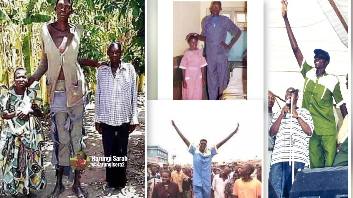 Karungisera2's tweet photo. Uganda once had a man whose coffin was too long for his grave.

His name was John Paul Ofwono. He was born in Yokolo Village, Tororo. 

In 1999, his family claimed he was 9 feet tall. This meant he was potentially the tallest man in the world.

Guinness wanted proof.

They asked Richard Stockley of the British High Commission, Uganda to measure him. After rigorous measurements, Ofwono was shown to be 7 ft 6.5 in. 

Some conspiracy theories rejected the results saying the Western world just didn't want an African to appear in the World Book of records as the tallest human alive. The record at the time was held by an American known as Robert Wadlow at 8feet and 11 inches. 

Anyway, Ofwono automatically became Uganda's tallest man and a national celebrity. Some accounts show that he was the 3rd tallest person in the world. 

A 1-litre Coca Cola soda bottle was nicknamed “Ofwono” because of its unusual length. He made money as a billboard ambassador for a number of brands. This changed his life and that of his family.

Where Ofwono grew up, Lakwena rebels always made people run away from their home.

One day Ofwono spotted armed Lakwena rebels feasting on mangoes by the main road in Yokolo.

Unbothered by their guns, the giant walked to the tree and picked mangoes with ease. The stunned rebels, who had never seen him before, reportedly fled in fright, with some falling to the ground.

Most escaped, while two reportedly suffered fractures and were later handed over to Government soldiers.

The incident changed residents' attitude towards the rebels, with many becoming less fearful and beginning to hunt them down.

Ofwono's love life was dramatic. His lovers kept on running away from him after a while. This was because, he never stopped growing taller.

At long last, Ofwono found love. However, he refused to go for treatment in India out of fear of losing his lover. 3R, his employer, wanted to handle his medical bill.

Ofwono died in 2003, aged 43, after suffering from diabetes, high blood pressure and a brain tumour that caused excessive growth hormone production.

At his funeral, they discovered his coffin could not fit in the grave.

The grave had to be extended by another 45 minutes before Uganda's giant could finally be buried.
John Paul Ofwono.