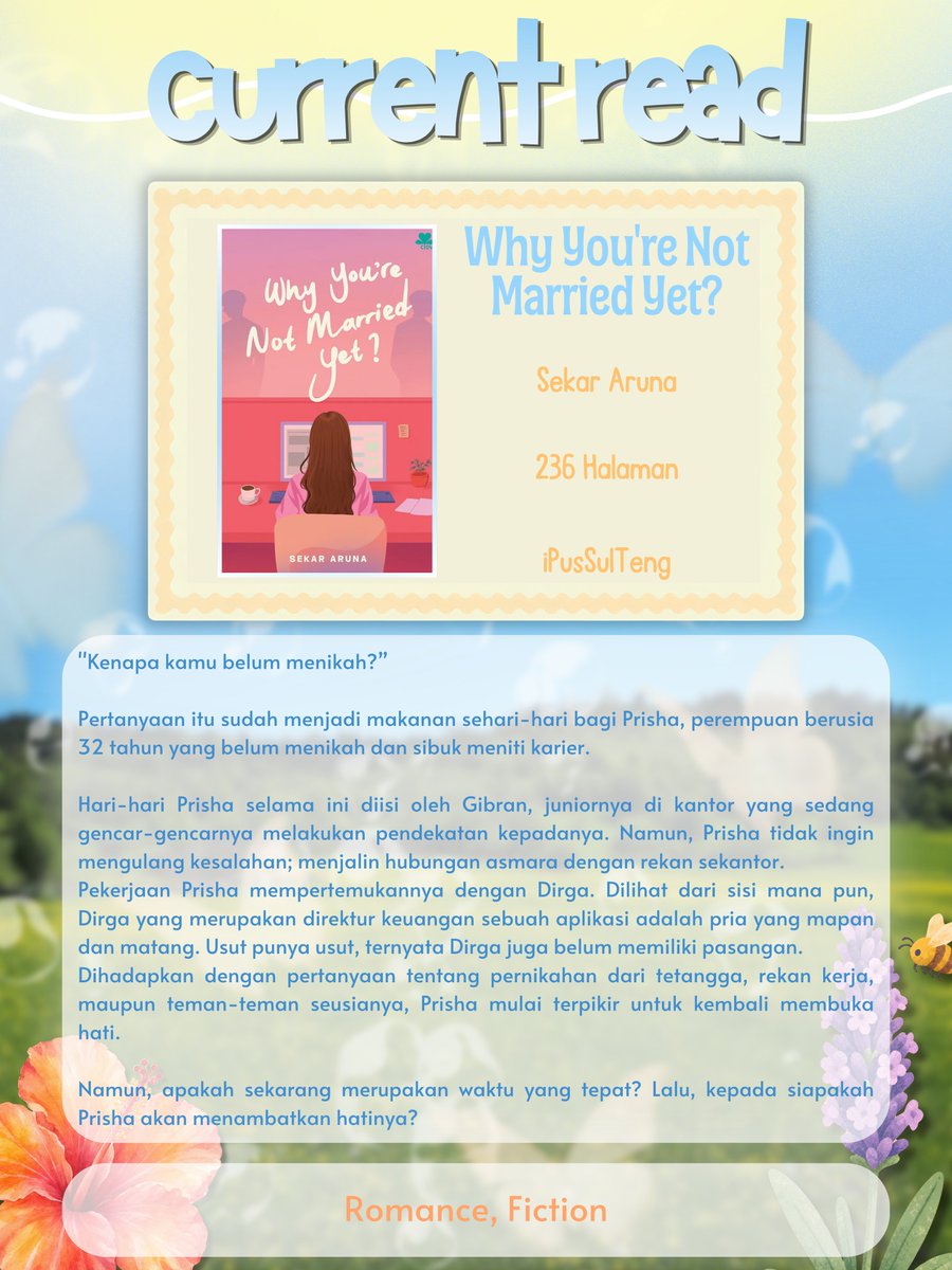 starbookaddict's tweet photo. ⠀
.𖥔 ˖  Current Read

📖 Why You're Not Married Yet?
✒️ Sekar Aruna

⏱ 27 September 2026 〜
⠀ https://t.co/xcKUdcds9g