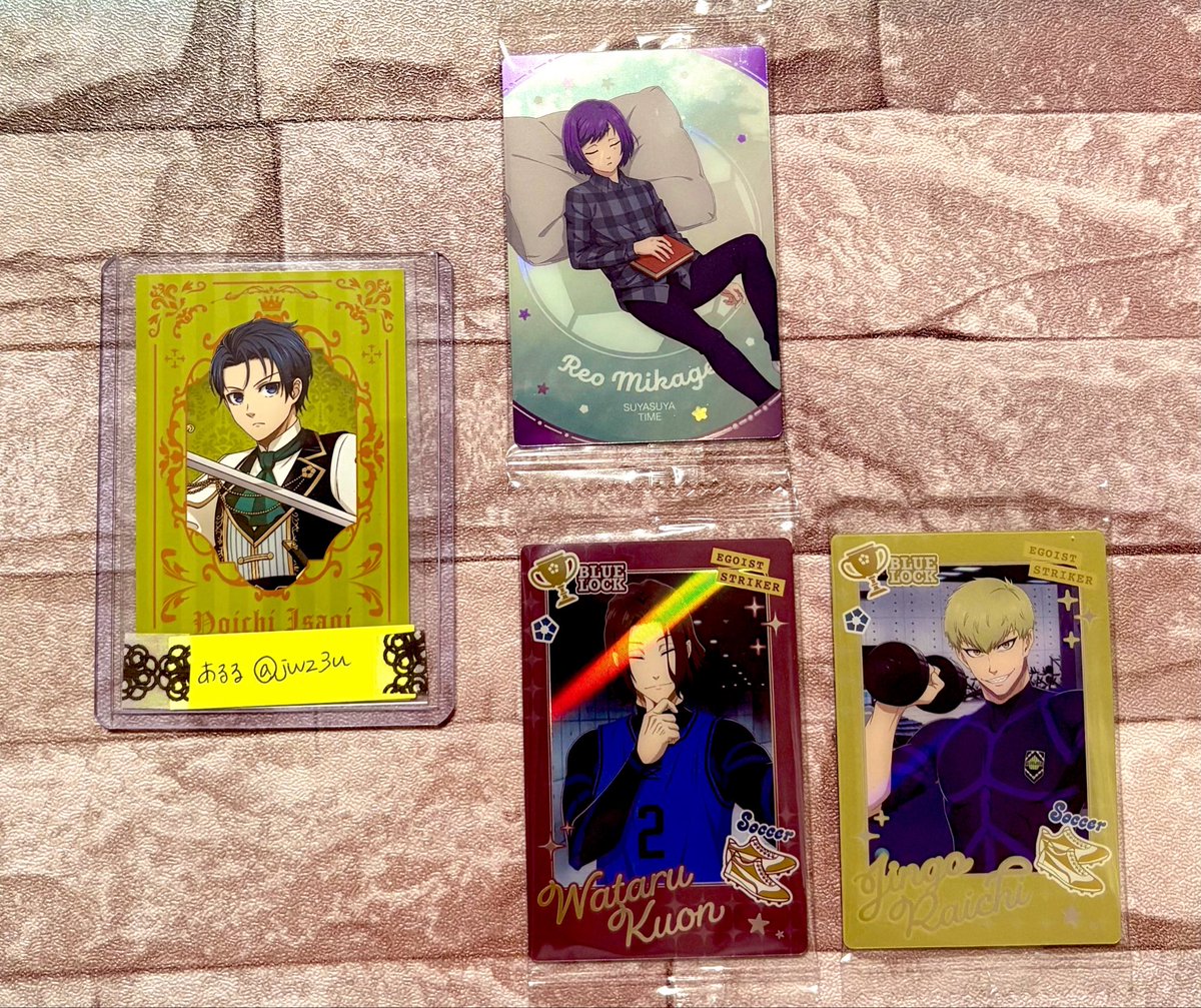 jwz3u's tweet photo. 【交換・譲渡】
ブルーロック ウエハース 6 

譲:O玲王、E雷市、E久遠
求:ER黒名＞100円

玲王は交換のみ。
まとめての交換大歓迎。
大阪手渡しのみ。
難しい条件ですが、お声がけのほどよろしくお願いいたします。 https://t.co/wyOuk3pm3U