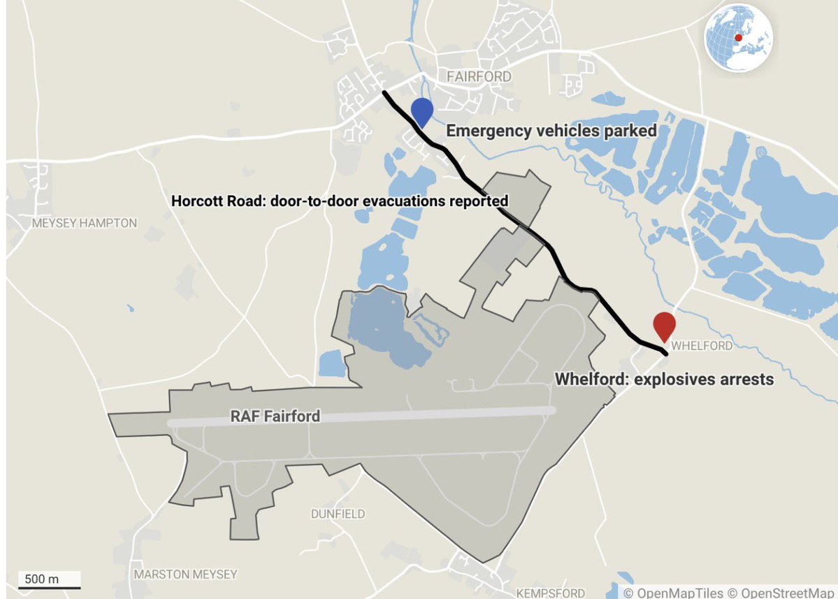Osinttechnical's tweet photo. British authorities have declared a major incident near RAF Fairford, a major UK airbase hosting a fleet of USAF bombers, currently locked down. 

Police have arrested several men in the vicinity of the base on suspicion of Explosives Act offences, and evacuated locals. https://t.co/Iv7b99r14l