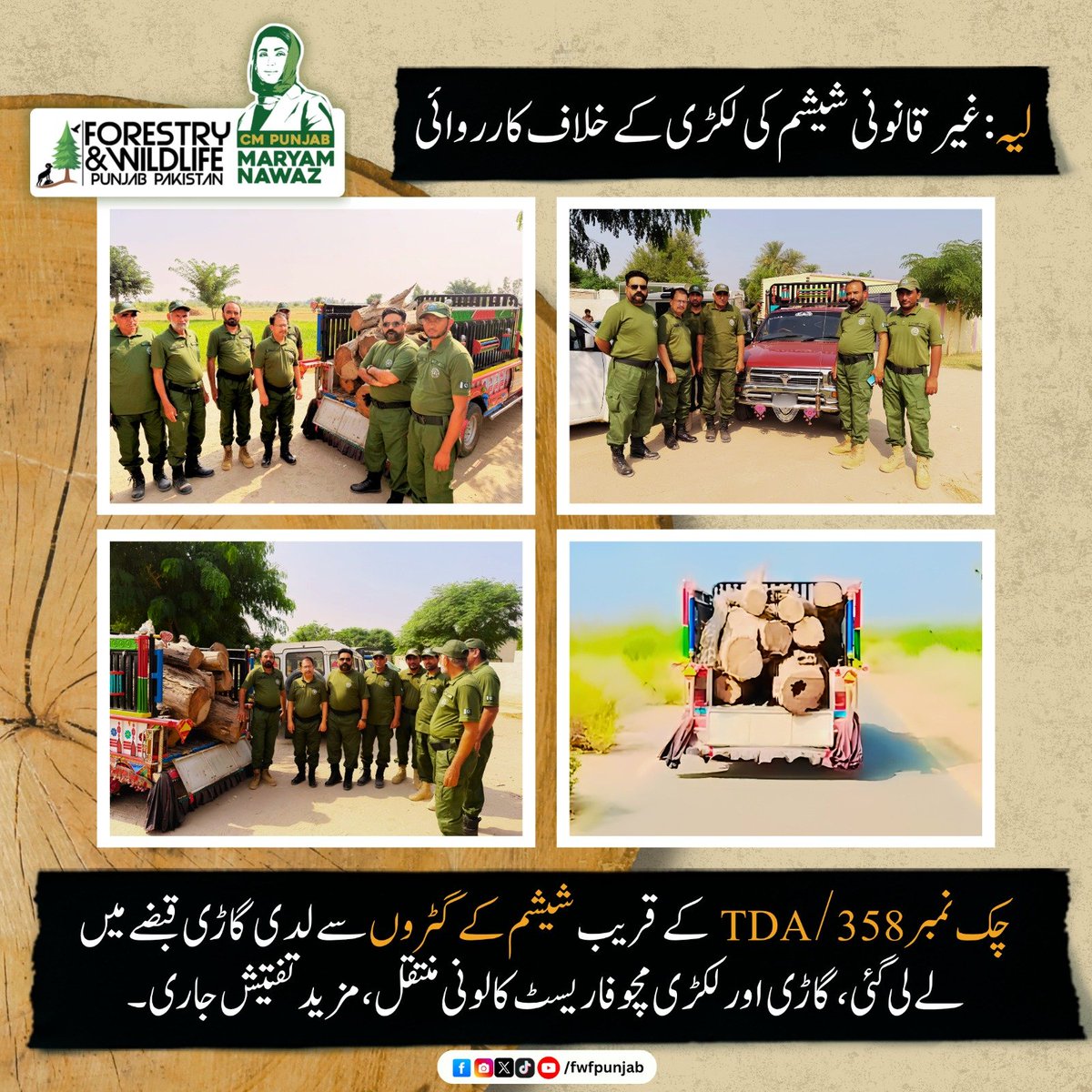 fwfpunjabpk's tweet photo. لیہ: غیر قانونی شیشم کی لکڑی کے خلاف کارروائی
.
.
.
#StopIllegalLogging #TimberMafia #forest #fwfpunjab #GovtOfPunjab https://t.co/1m4CVNugW2