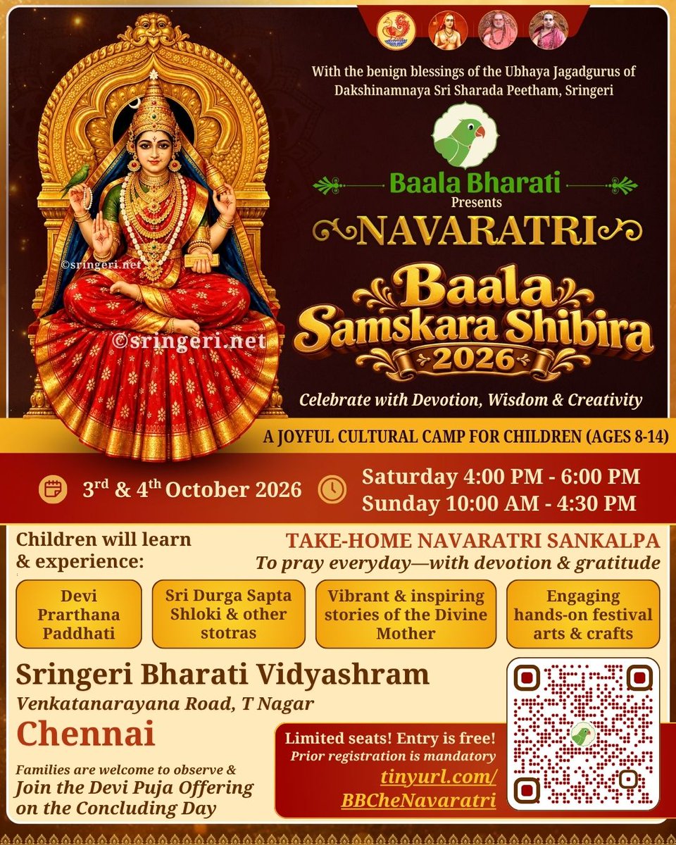 sringerimath's tweet photo. Chennai: Give your children a festive Navaratri experience filled with devotion, wisdom, & creativity.
Registration Link: https://t.co/3QC7aPTnWb

(Coming soon to other cities via https://t.co/XHxSa5HARk )

*-*-*

Stay updated on enriching programs and activities for children through Baala Bharati on WhatsApp: https://t.co/hpD0OuEELJ

#Navaratri #Dasara #Chennai #TamilNadu #BaalaBharati #SringeriSharadaPeetham #Ramayana #Mahabharatha #Sanatana #Culture #DharmaForChildren #KidsActivities #HeritageForKids #Storytime #ItihasaForChildren #ActivityBasedLearning