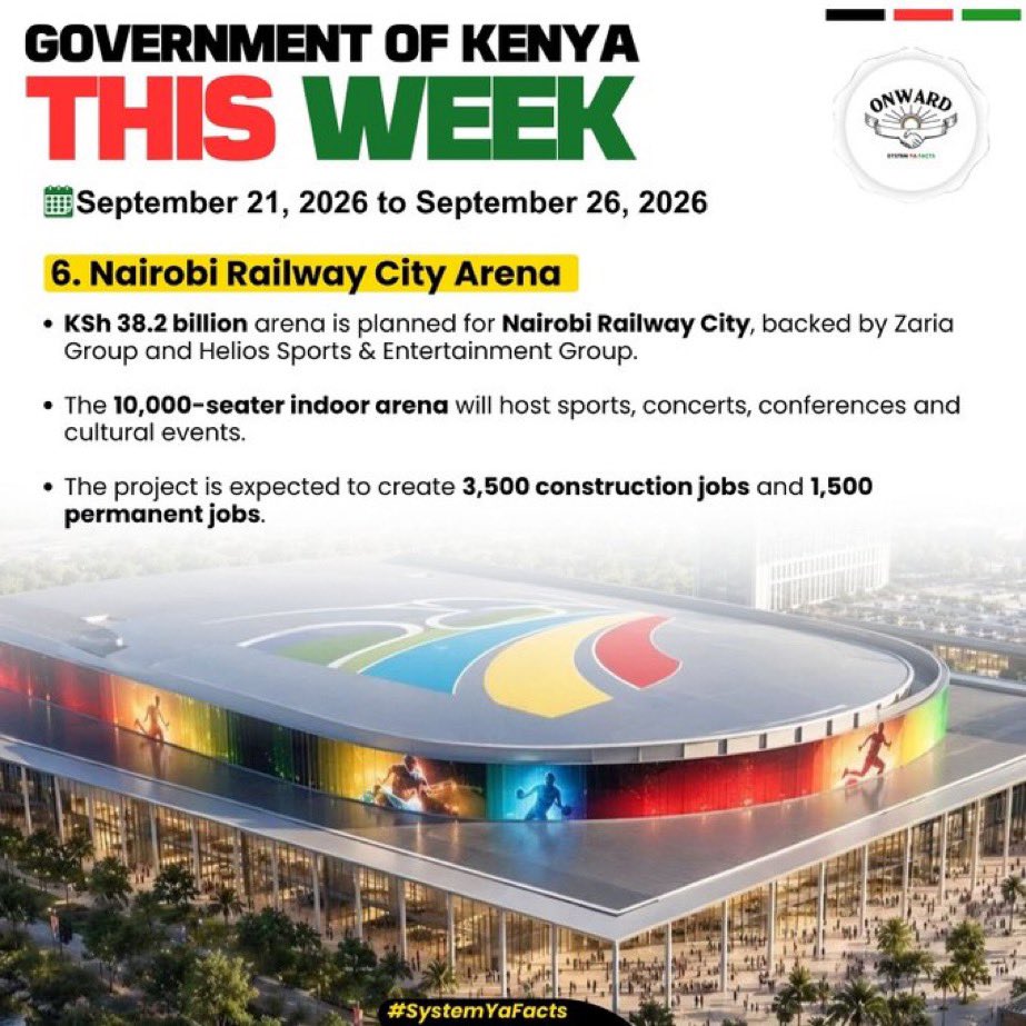 Silentwhipie's tweet photo. Nairobi Railway City Arena is planned as a 10,000-seat facility for sports, concerts, conferences and cultural events, with construction and permanent employment opportunities.

#GOKThisWeek
Forging Onwards https://t.co/zcVzF3Itpg