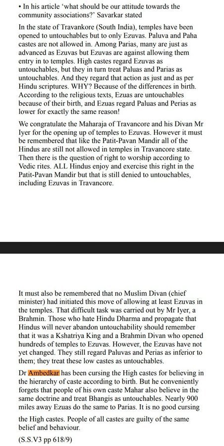 neha_laldas's tweet photo. Savarkar's Views on Ambedkar 👇

1. Savarkar opposed Ambedkar's unidirectional attack on high caste hindus & pointed out that problem of discrimination & untouchability exists even in dalit castes. He always maintained that "the responsibility of abolishing untouchability can't lie on the shoulders of only high caste-hindus".

2. Savarkar said:
"Dr. Ambedkar has been cursing the high castes for believing in the hierarchy of caste according to birth. But he conveniently forgets that people of his own caste also believe it the same doctrine & treat bhangis as untouchables. Nearly 900 miles away Ezuas also do the same to pariahs. It is no good cursing the high castes. People of all castes are guilty of the same beliefs & behavior."

3. Unlike Ambedkar, Savarkar said the responsibility of abolishing untouchability lies on everyone & not just UC hindus.