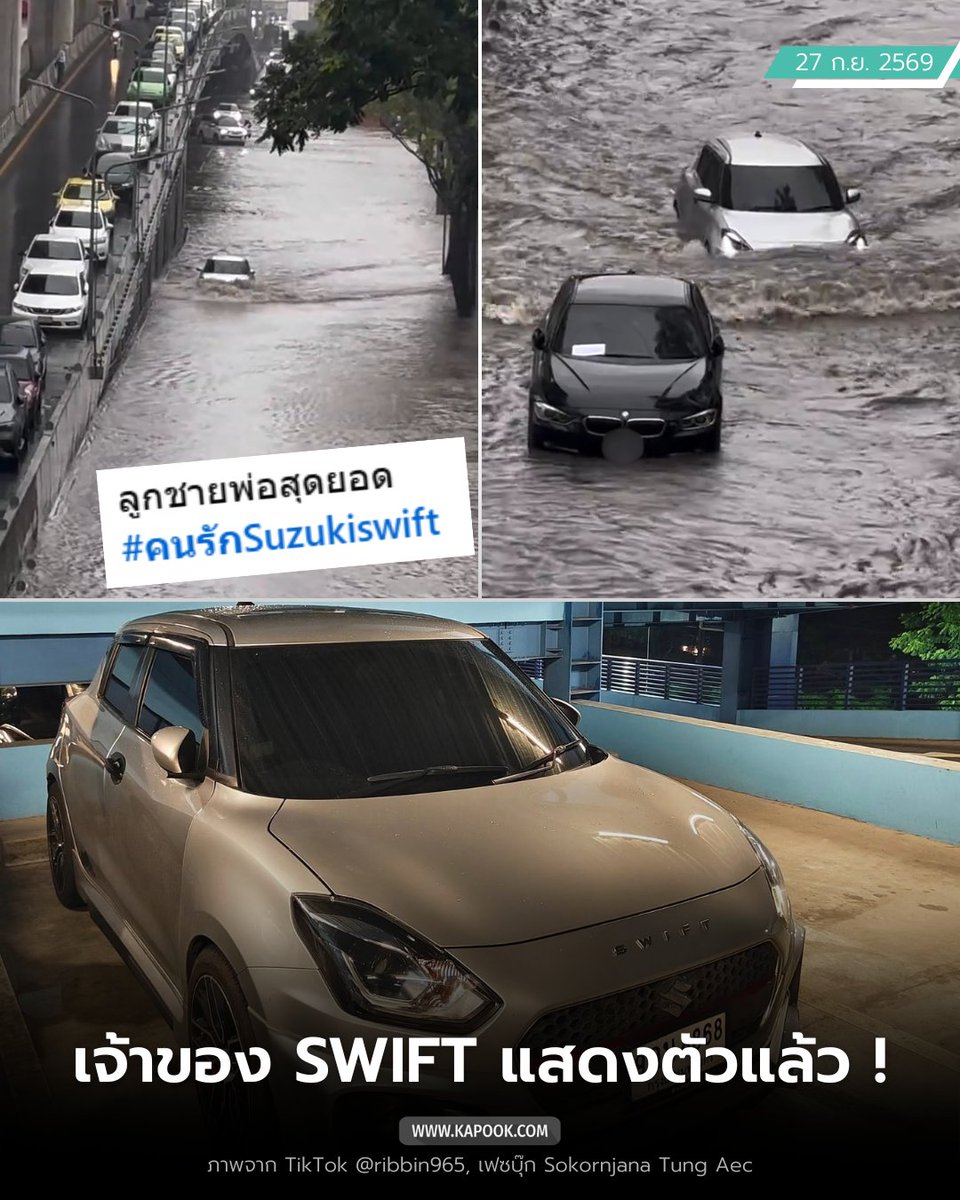 kapookdotcom's tweet photo. เจ้าของ SWIFT แสดงตัวแล้ว !

จากไวรัลคนแชร์เป็นหมื่น SWIFT คันจิ๋ว ขับฝ่ากระแสน้ำ กทม. บริเวณ ม.เกษตรศาสตร์ บางเขน เมื่อเวลา 09.00 น. วันที่ 26 ก.ย. 2569 ล่าสุด เจ้าของแสดงตัวในกลุ่ม คนรักสวิฟ&คนขับสวิฟCLUB SWIFT แนะไม่ควรทำตาม

ข้อความทั้งหมด
"Suzuki SWIFT ที่เห็นเป็นรถของผมเองครับ ไม่แนะนำให้ทำตามนะครับ แต่ถ้าอยู่ในช่วงวิกฤตจริง ๆ อันดับแรกที่จะต้องทำคือต้องตั้งสติให้ดีก่อน คิดวิเคราะห์ ประเมินศักยภาพรถของเรา และวางแผนในการขับในขณะที่น้ำท่วม ว่าเราจะขับรถไปข้างหน้าโดยเข้าหาจุดที่ตื้นที่สุดและเร็วที่สุดเพื่อให้รถเราปลอดภัยครับ อีกอย่างครับการเร่งเครื่องก็สำคัญไม่ควรผ่อนจนเกินไปและไม่ควรเร่งจนเกินไปควรอยู่ในระดับที่เหมาะสมครับ
     
สุดท้ายขอขอบคุณทุกกำลังใจนะครับปลอดภัยดีครับขอบคุณครับ"

ก่อนที่จะมีคนมาคอมเมนต์แจ้งว่า ผู้จัดการศูนย์บริการสำนักงานใหญ่ อ่อนนุช กำลังตามหาตัวอยู่ ติดต่อเขาไปด้วย เขาจะเปลี่ยนถ่ายของเหลวให้ฟรี !

#น้ำท่วม #น้ำท่วมกรุงเทพ #ฝนตก #อุทกภัย