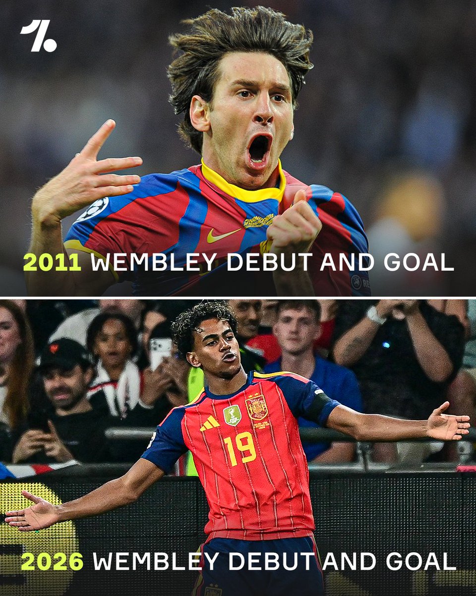 OneFootball's tweet photo. First time at Wembley. First goal at Wembley. 😮‍💨🏟️

Lamine Yamal follows in Lionel Messi’s footsteps by scoring on his first appearance at the iconic stadium 🇪🇸✨ https://t.co/Z3wc8B8IIe