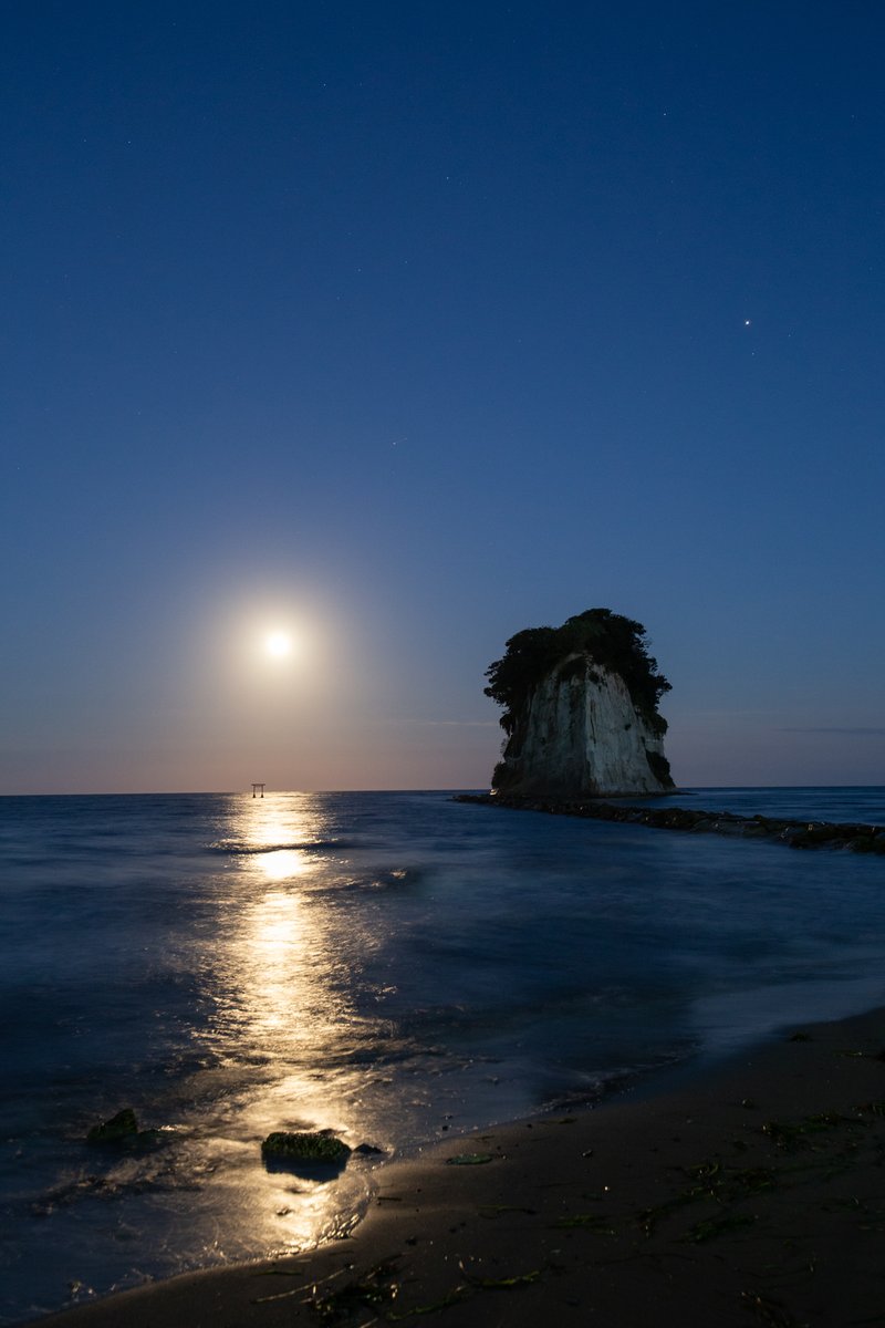 man_ten_bo_shi's tweet photo. 以前撮影した月です。
場所は石川県珠洲市の見附島です。
宵の海面に月明かりの道(ムーンロード)が伸びています。

本日9月27日は満月です。
今夜は月の近くに土星が輝いています。
全国的に曇りの地域が多そうですが、もし晴れていましたらゆったり月を眺めてみましょう。 https://t.co/FFjBNGNwFp