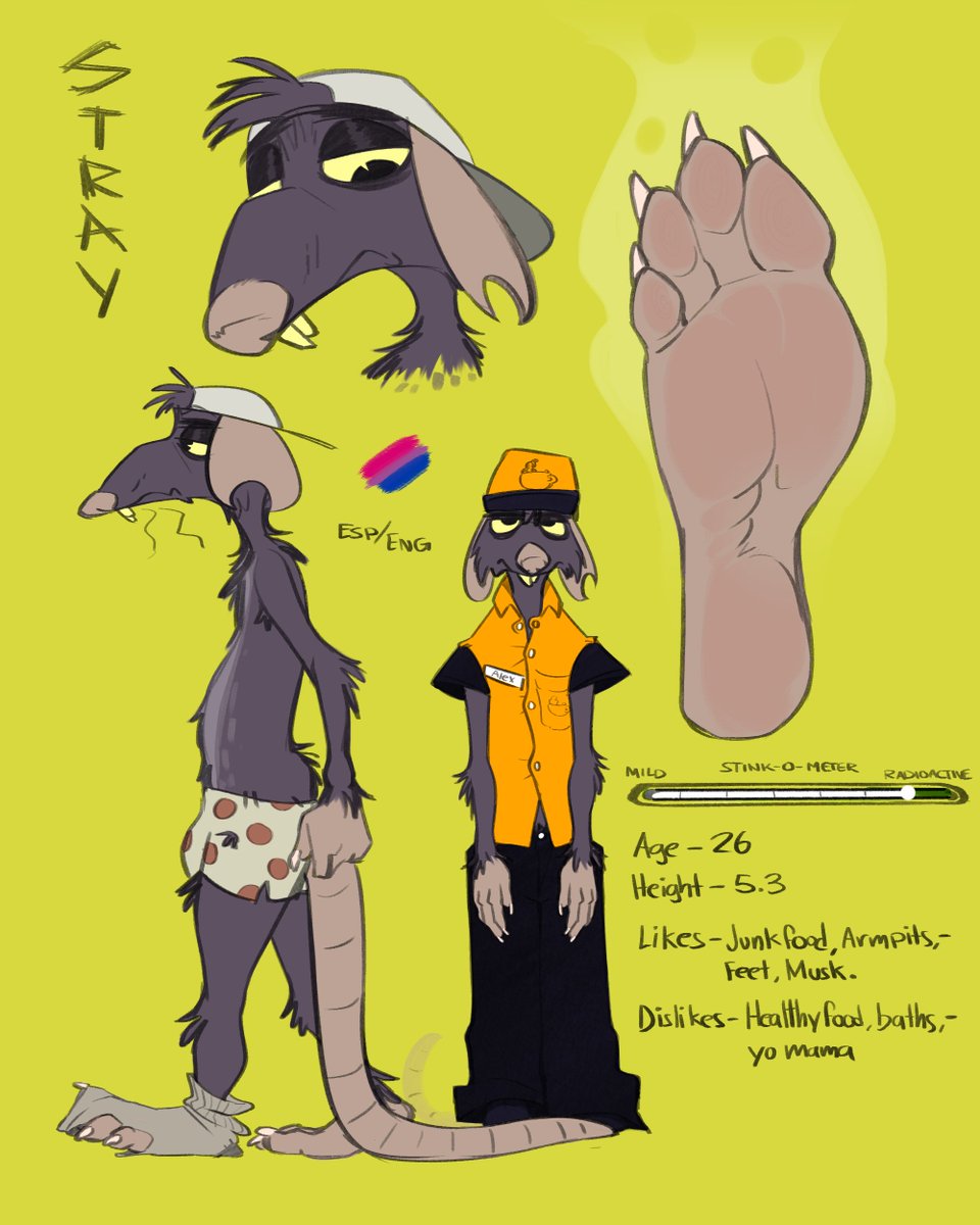 TheMoonBunCrew's tweet photo. Here comes Stray! Made him for my need to make a Rat Character I can draw from time to time that isn't from my future "regular" content! and one that can wear shoes!👀
#furry #furryart #furryfandom #furrycommunity #furries #furryrat #furryoc #oc #refsheet #feet #furryfeet #anthro https://t.co/9VSWEOc3uz